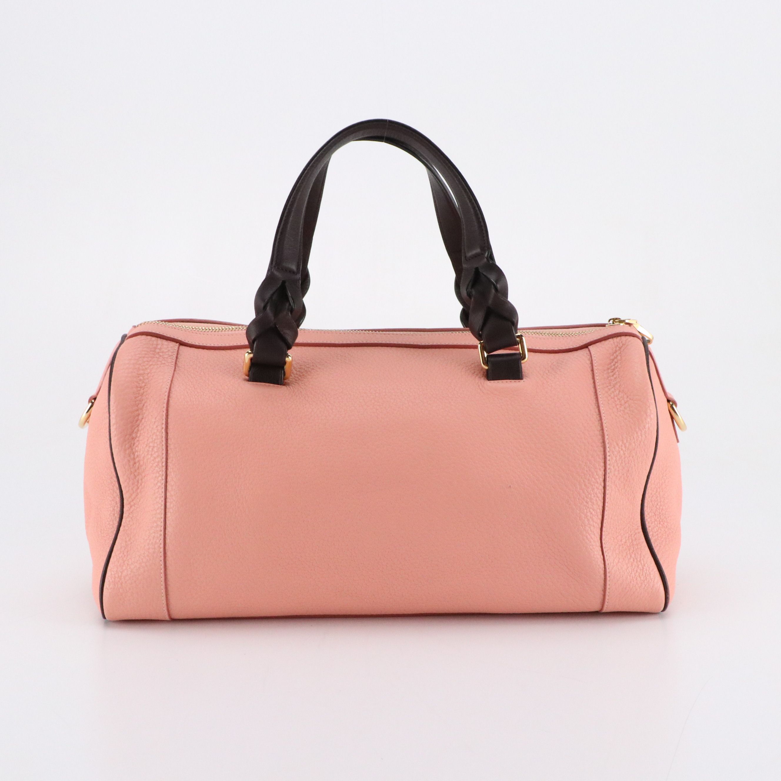 Loewe Zippered Boston Bag in Pink Grained Leather and Black Trim