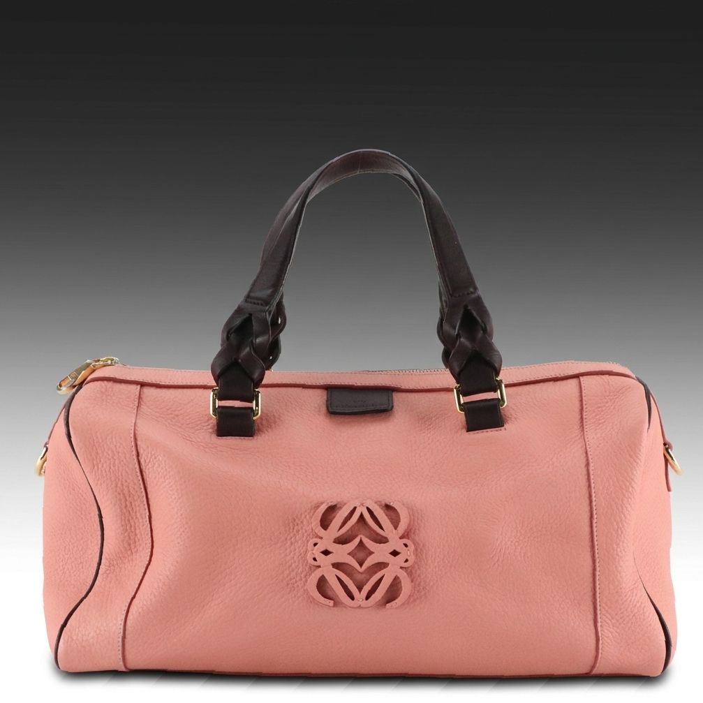 Loewe Zippered Boston Bag in Pink Grained Leather and Black Trim