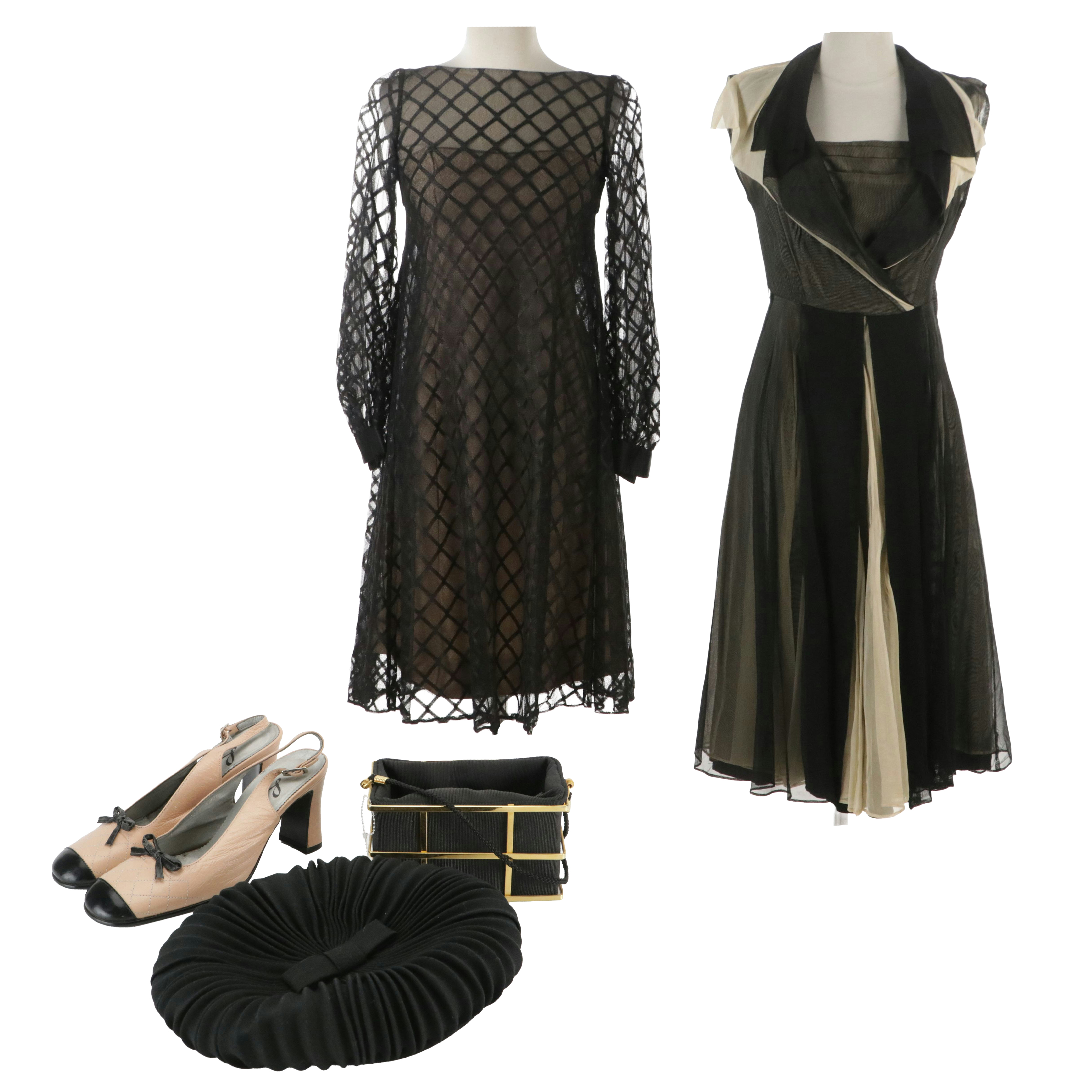 Curated 1960s Mod Cocktail Dress, Handbag & Accessories Ensemble