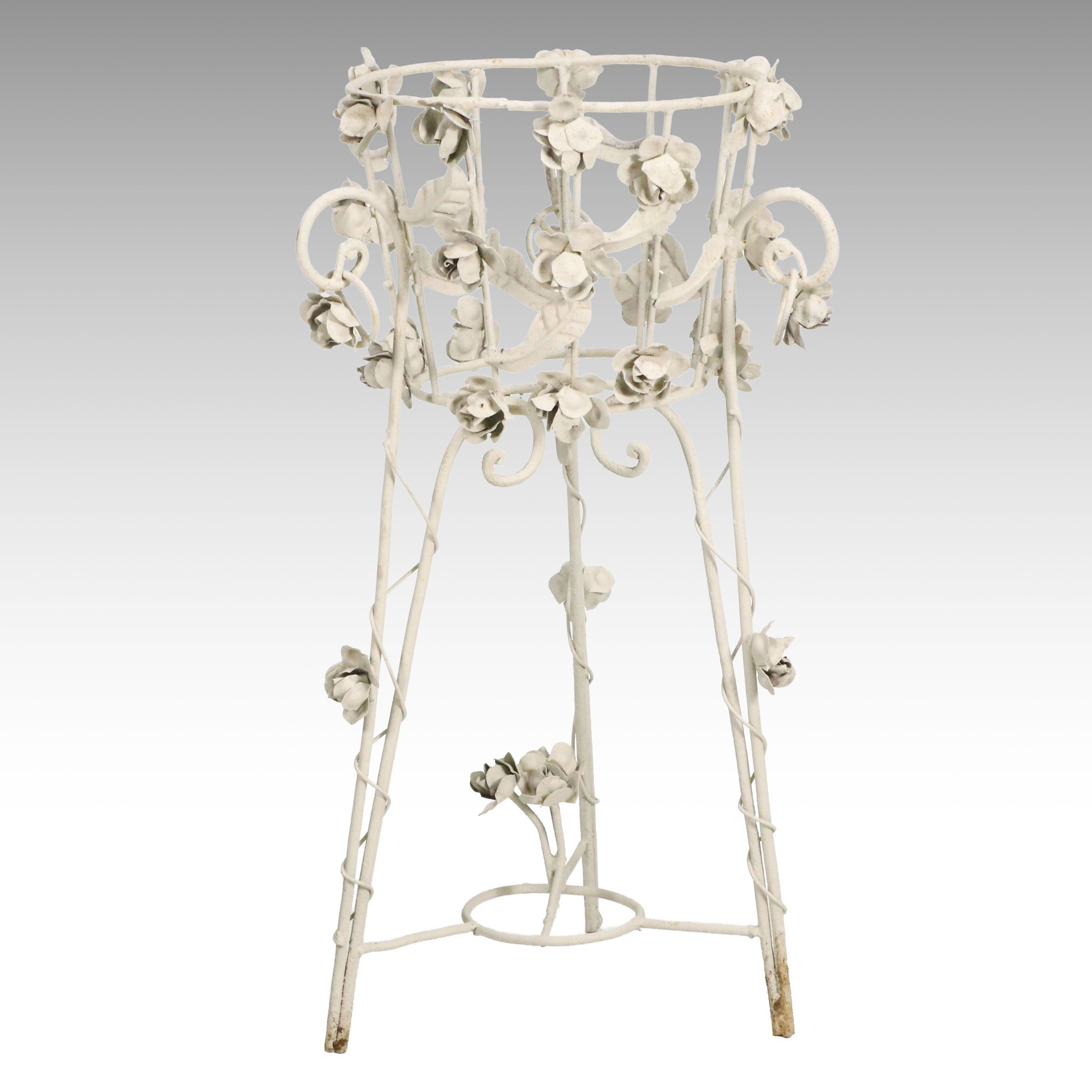 Scrolled White Floral Metal Planter Stand