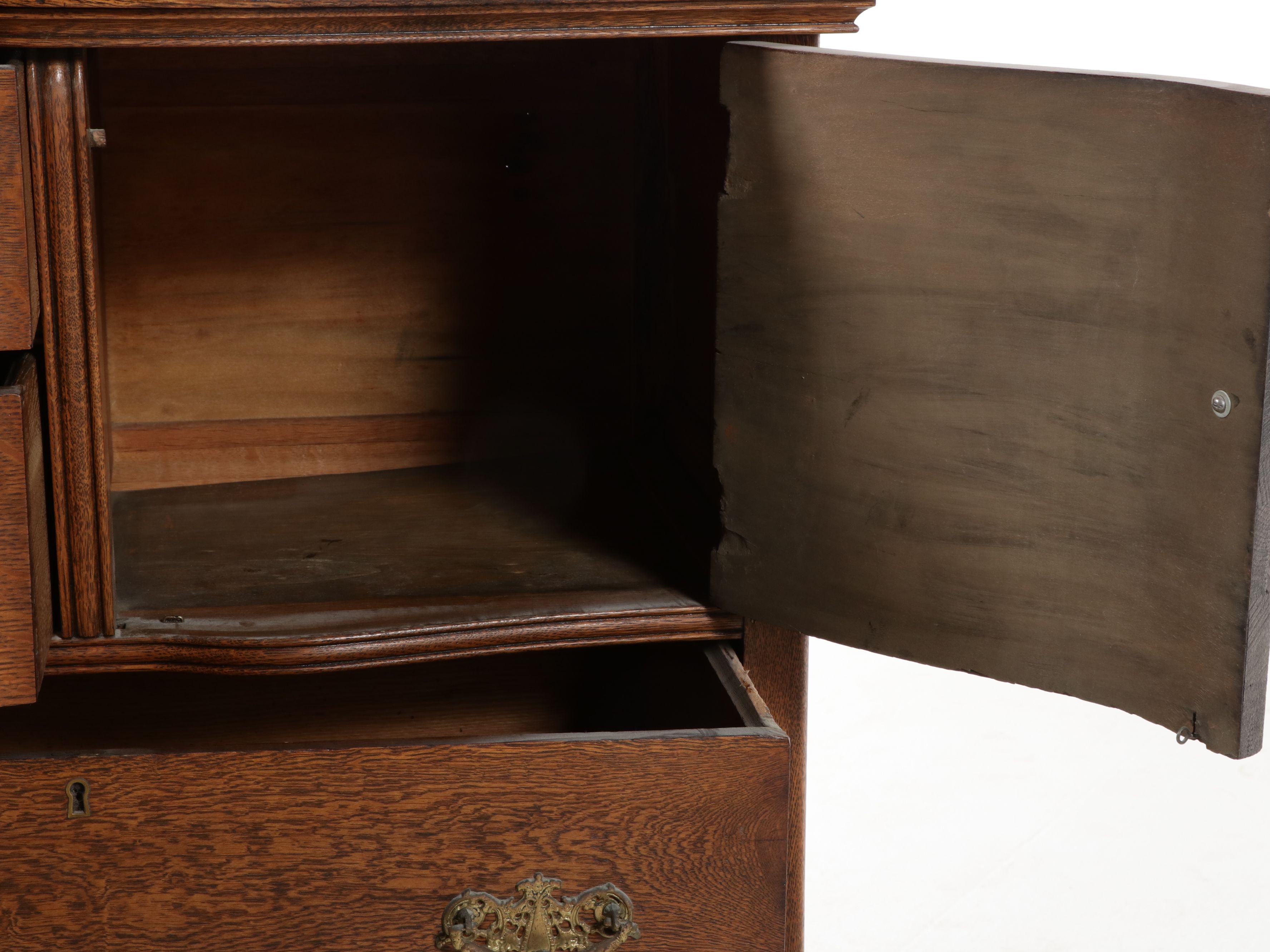 Edwardian Carved Tiger Oak Highboy Dresser with Swivel Mirror, Early 20th C.