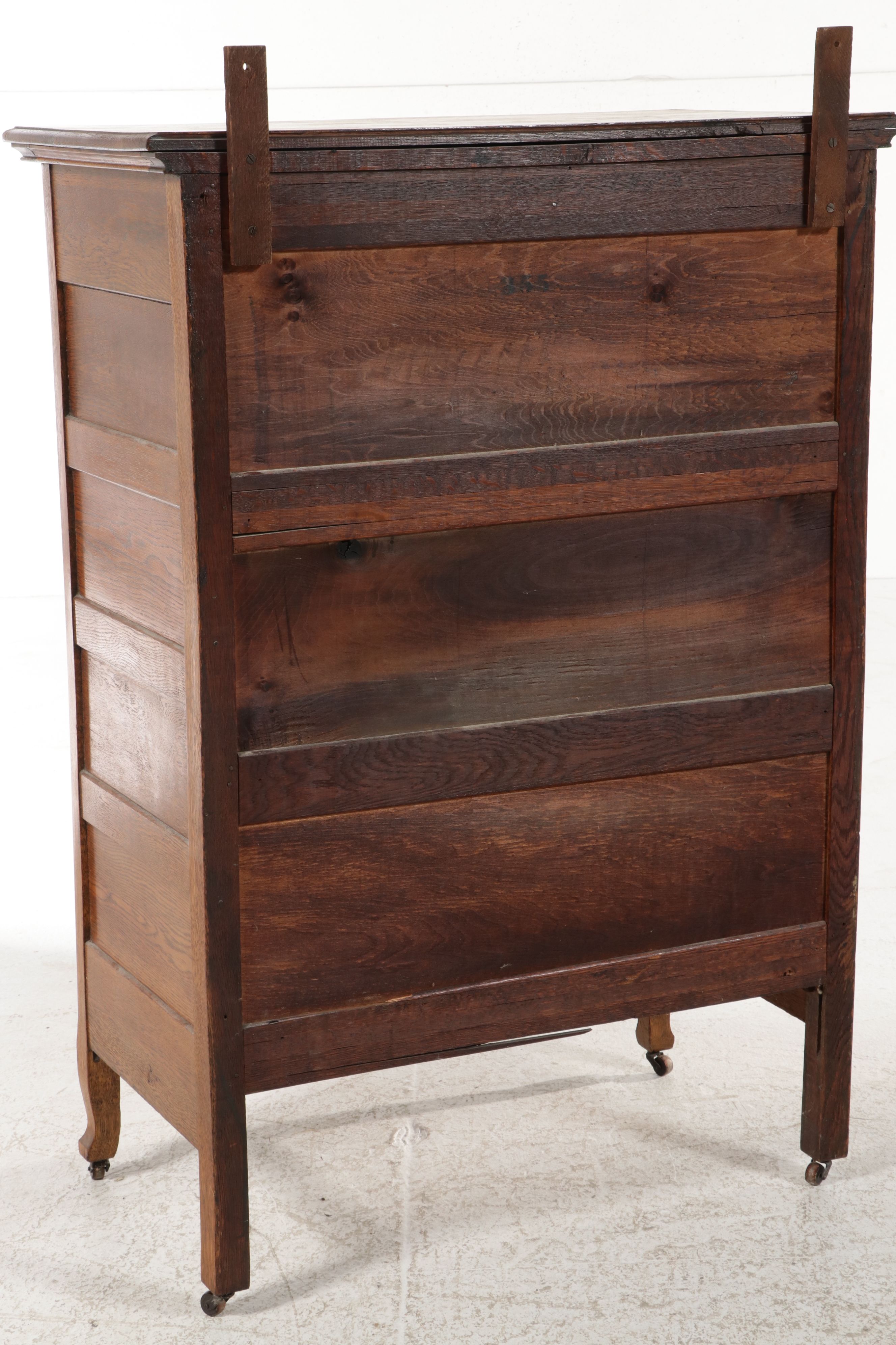 Edwardian Carved Tiger Oak Highboy Dresser with Swivel Mirror, Early 20th C.