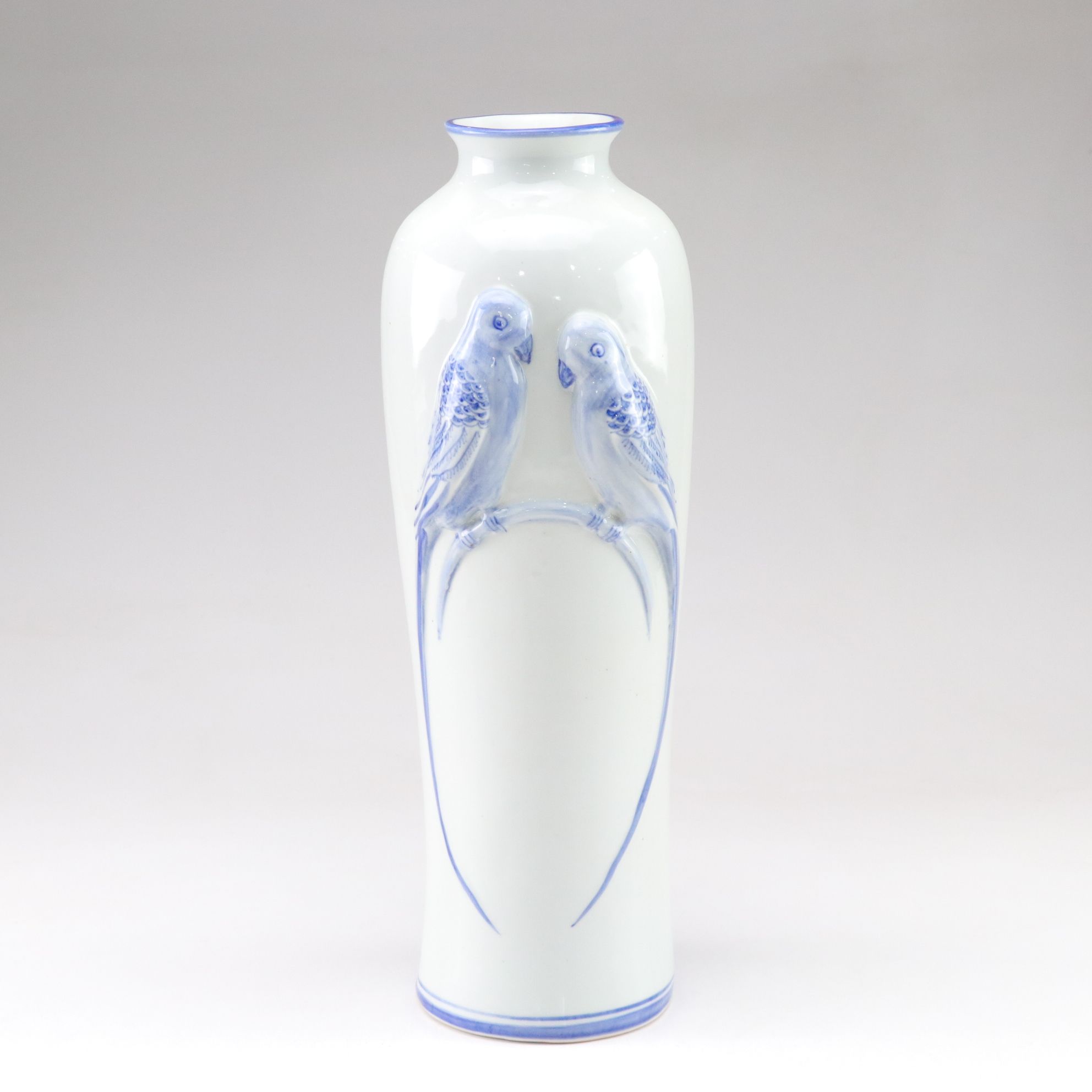 Nora Fenton Designs 3D Relief Birds on Branch Blue and White Ceramic Vase