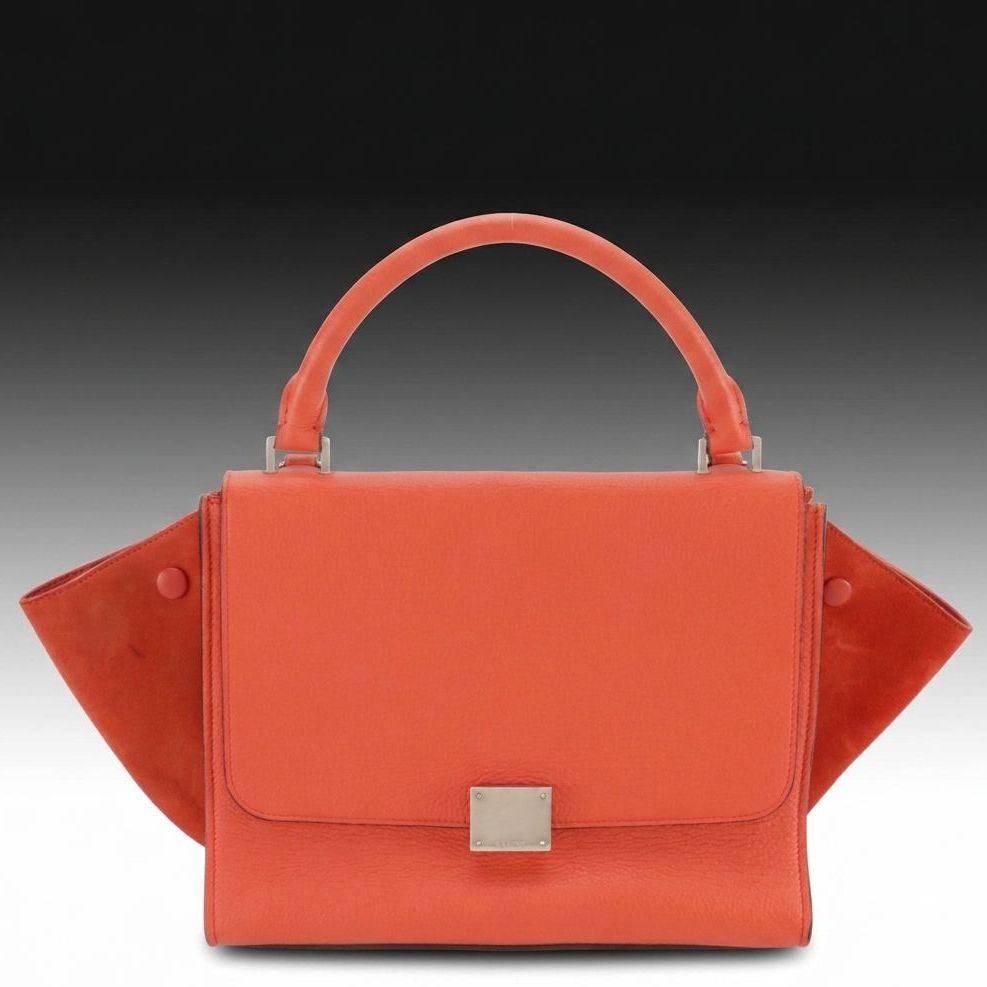 Céline Small Trapeze Two-Way Bag in Orange Grained Leather and Suede