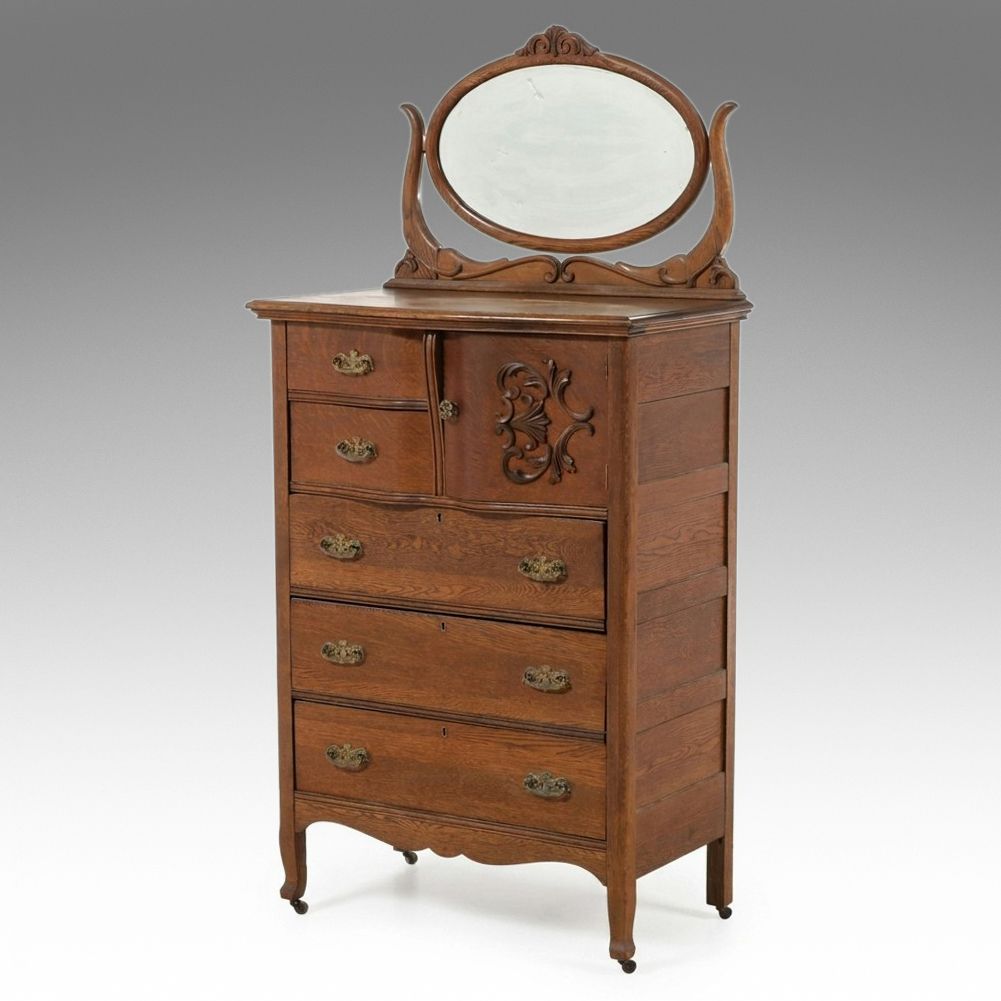 Edwardian Carved Tiger Oak Highboy Dresser with Swivel Mirror, Early 20th C.