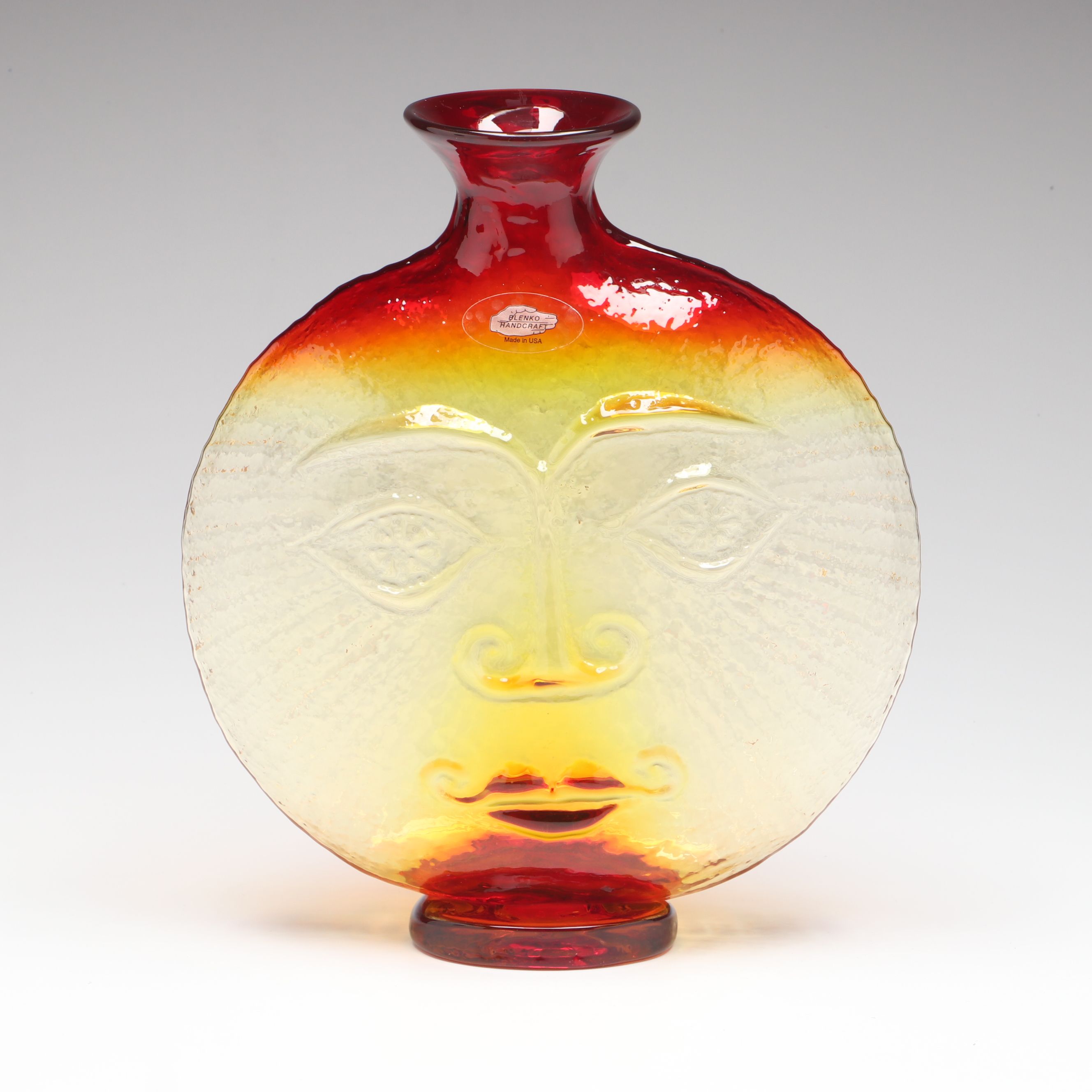 Wayne Husted for Blenko Tangerine "Sun Face Flat Bottle" Vase, 1960s