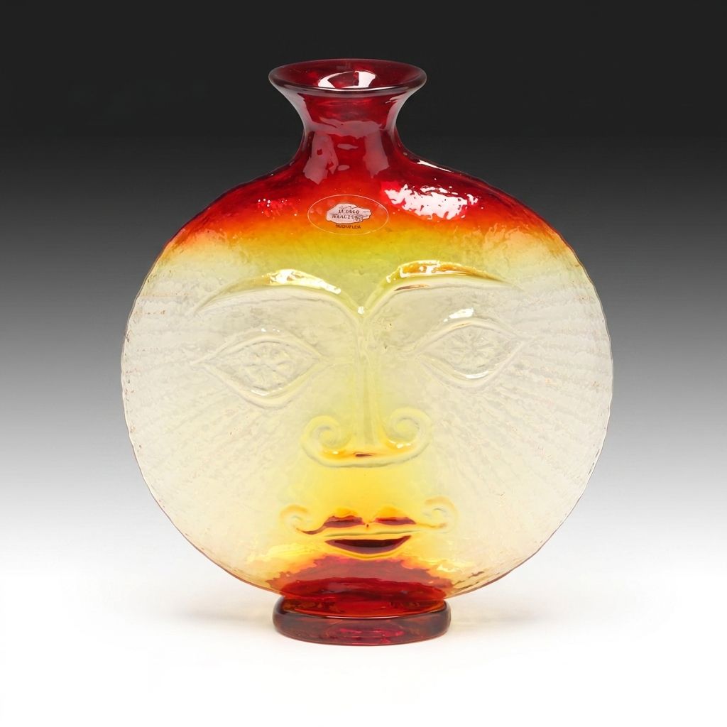 Wayne Husted for Blenko Tangerine "Sun Face Flat Bottle" Vase, 1960s