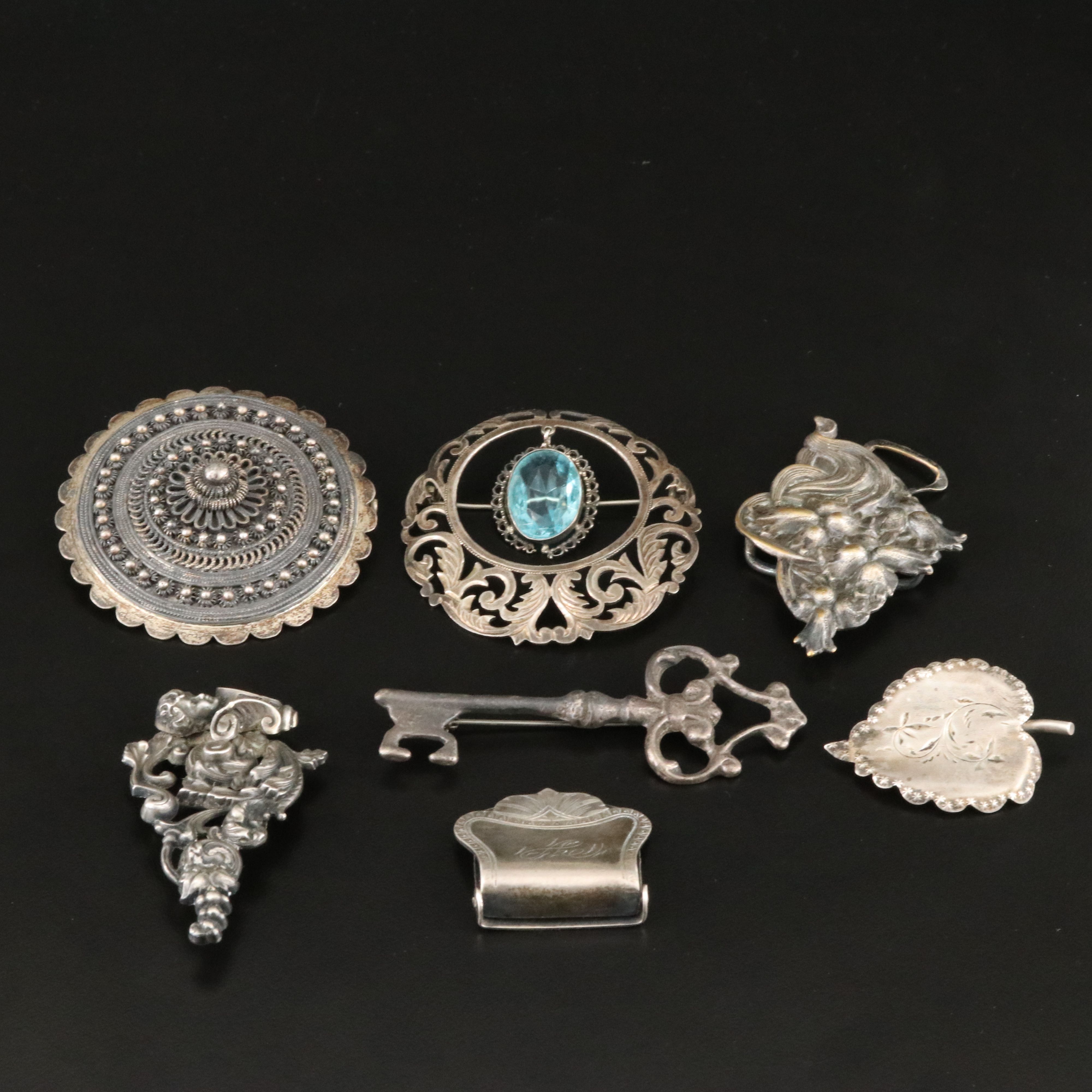 Vintage Silver Brooches & Single Belt Buckles Including Art Nouveau