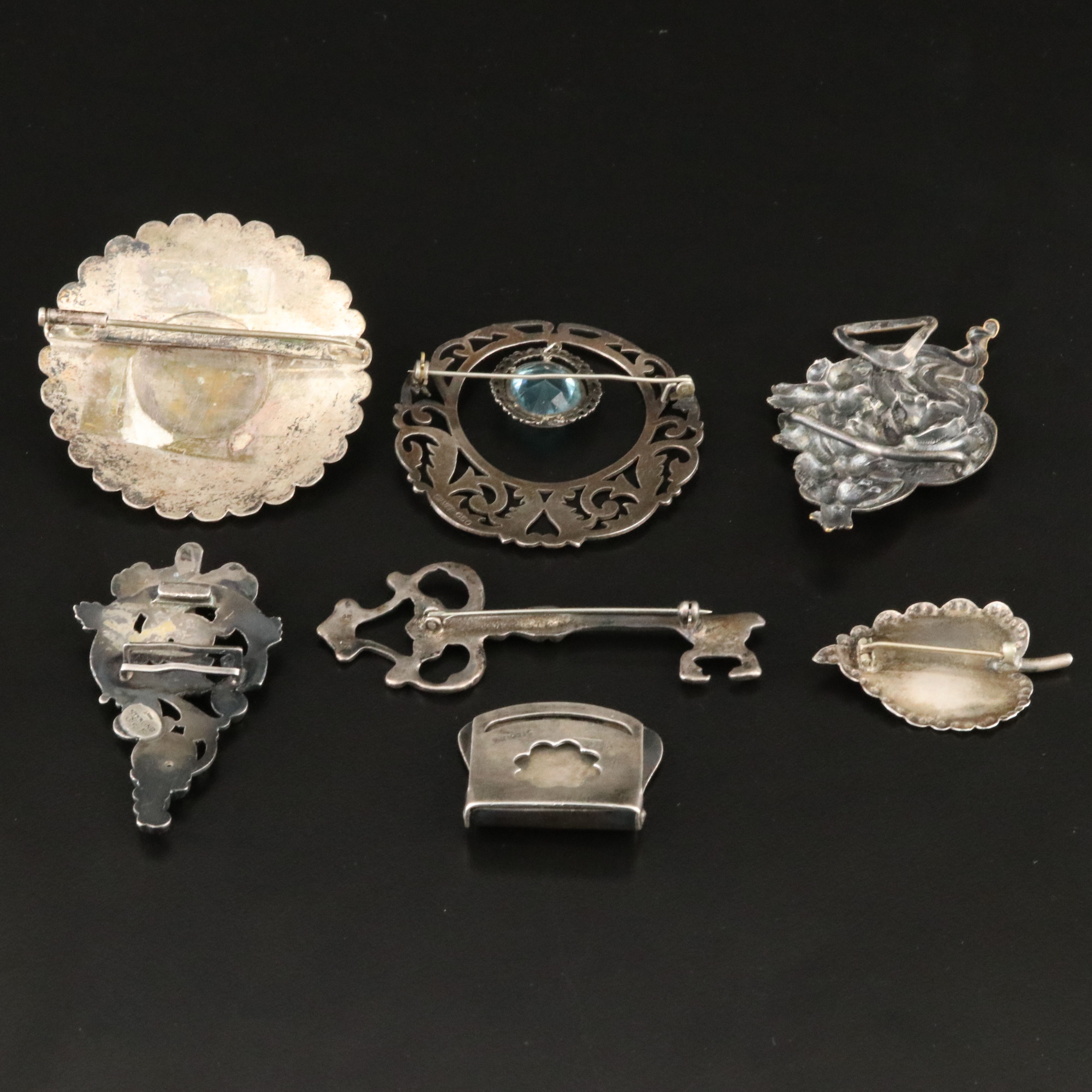 Vintage Silver Brooches & Single Belt Buckles Including Art Nouveau