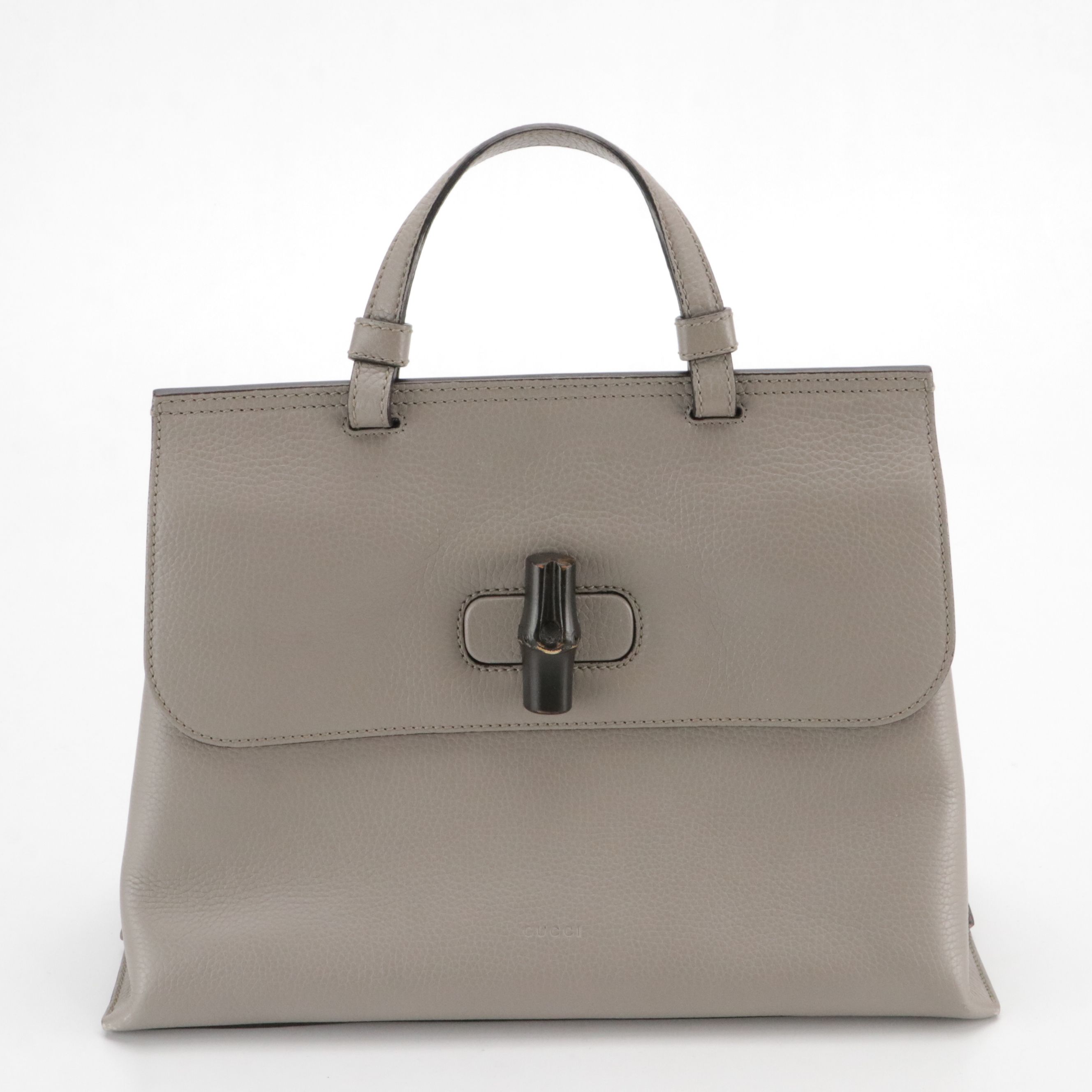 Gucci Bamboo Turn Lock Medium Daily Two-Way Satchel in Grey Grained Calfskin