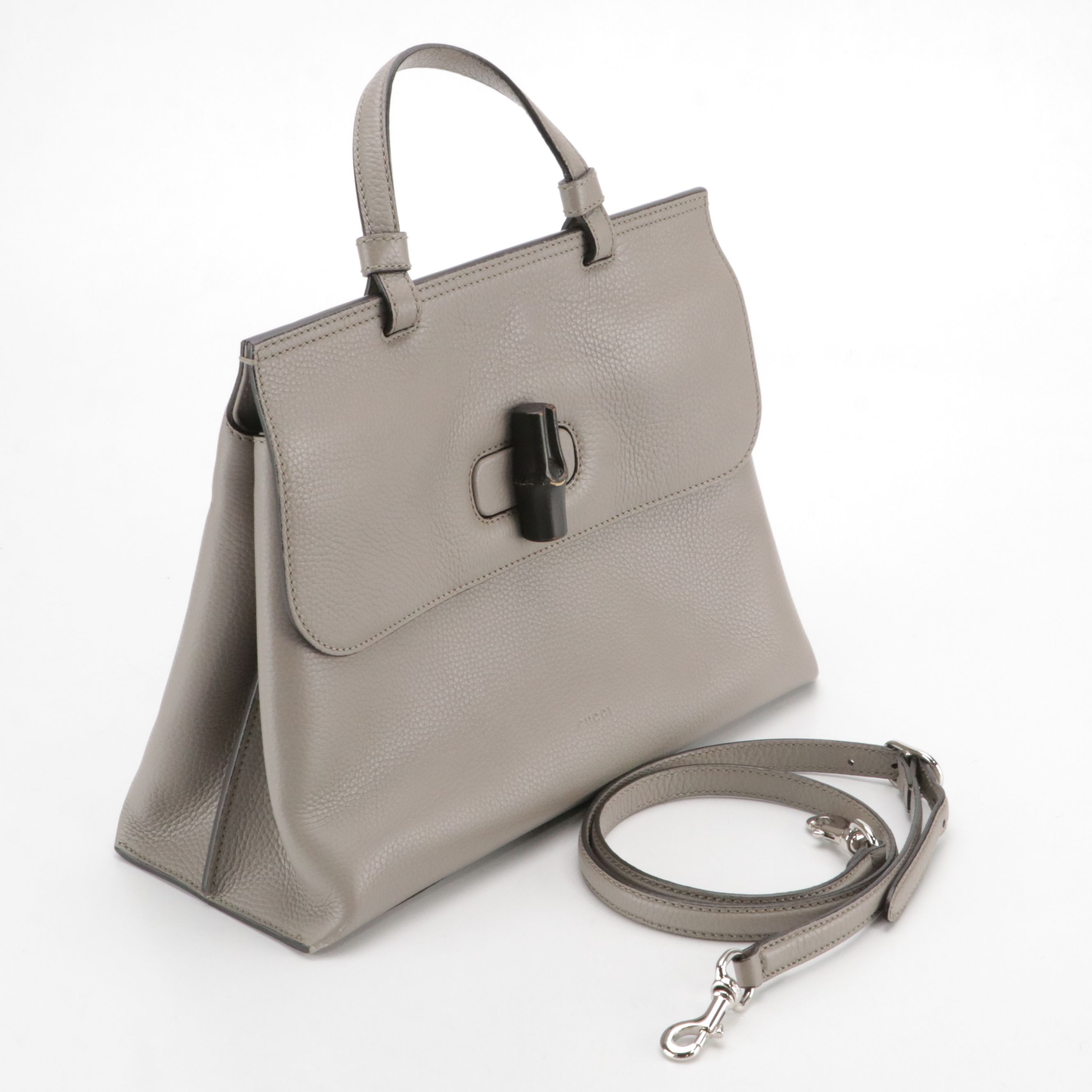 Gucci Bamboo Turn Lock Medium Daily Two-Way Satchel in Grey Grained Calfskin
