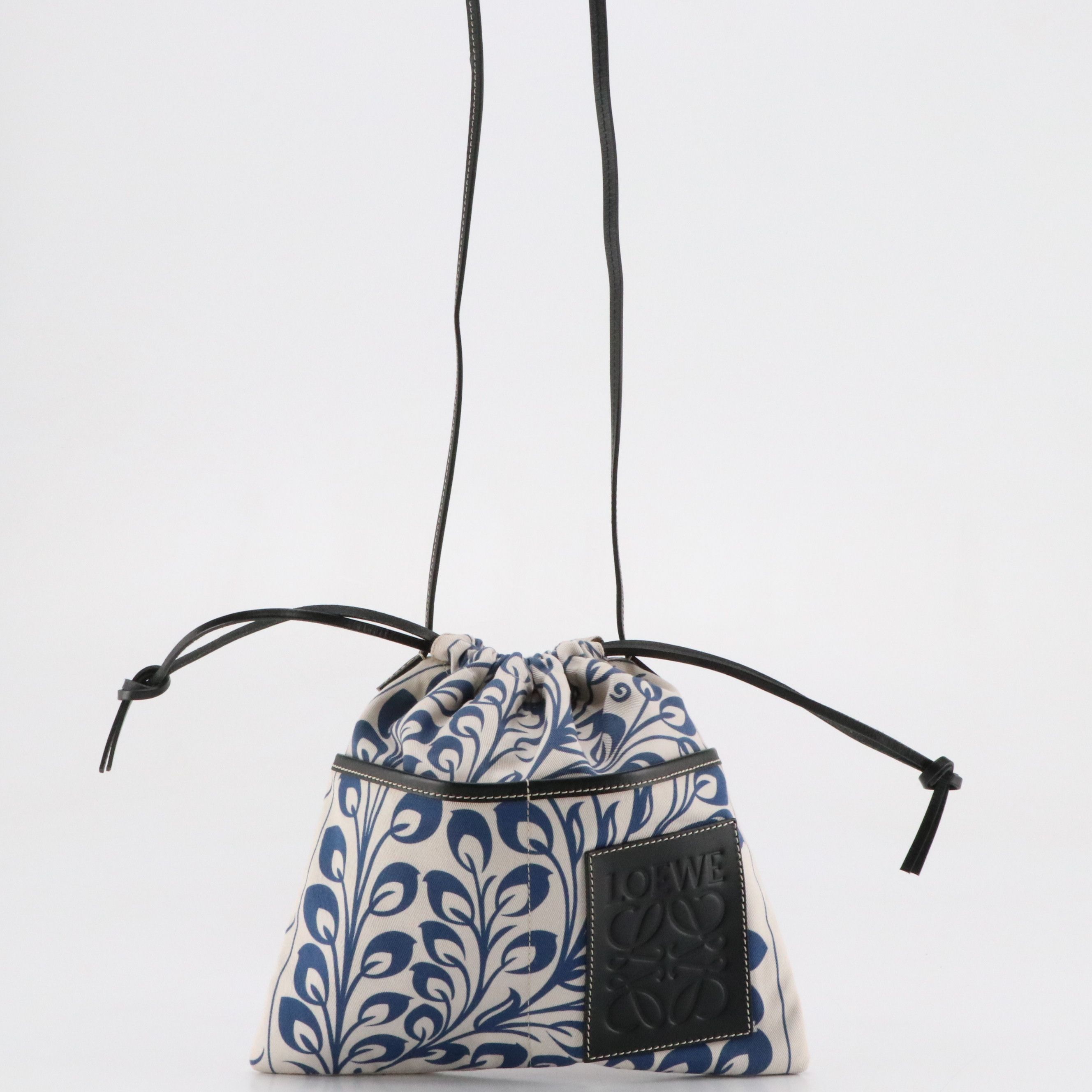 Loewe Drawstring Crossbody Bag in Printed Canvas Twill and Black Leather Trim