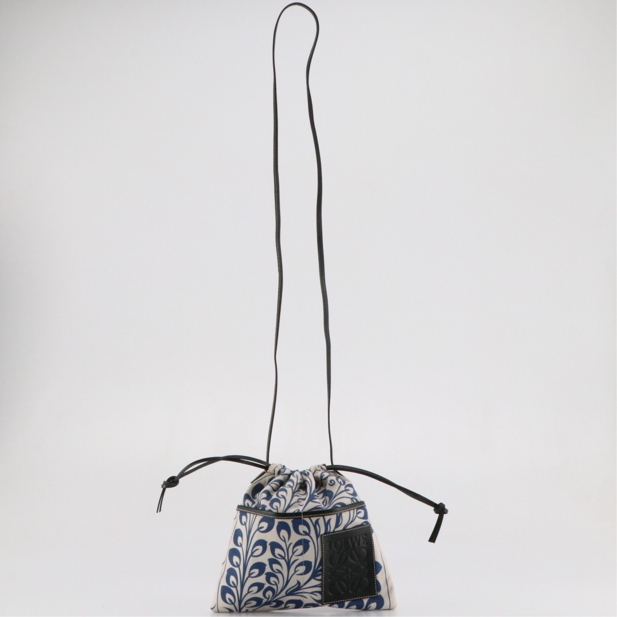 Loewe Drawstring Crossbody Bag in Printed Canvas Twill and Black Leather Trim