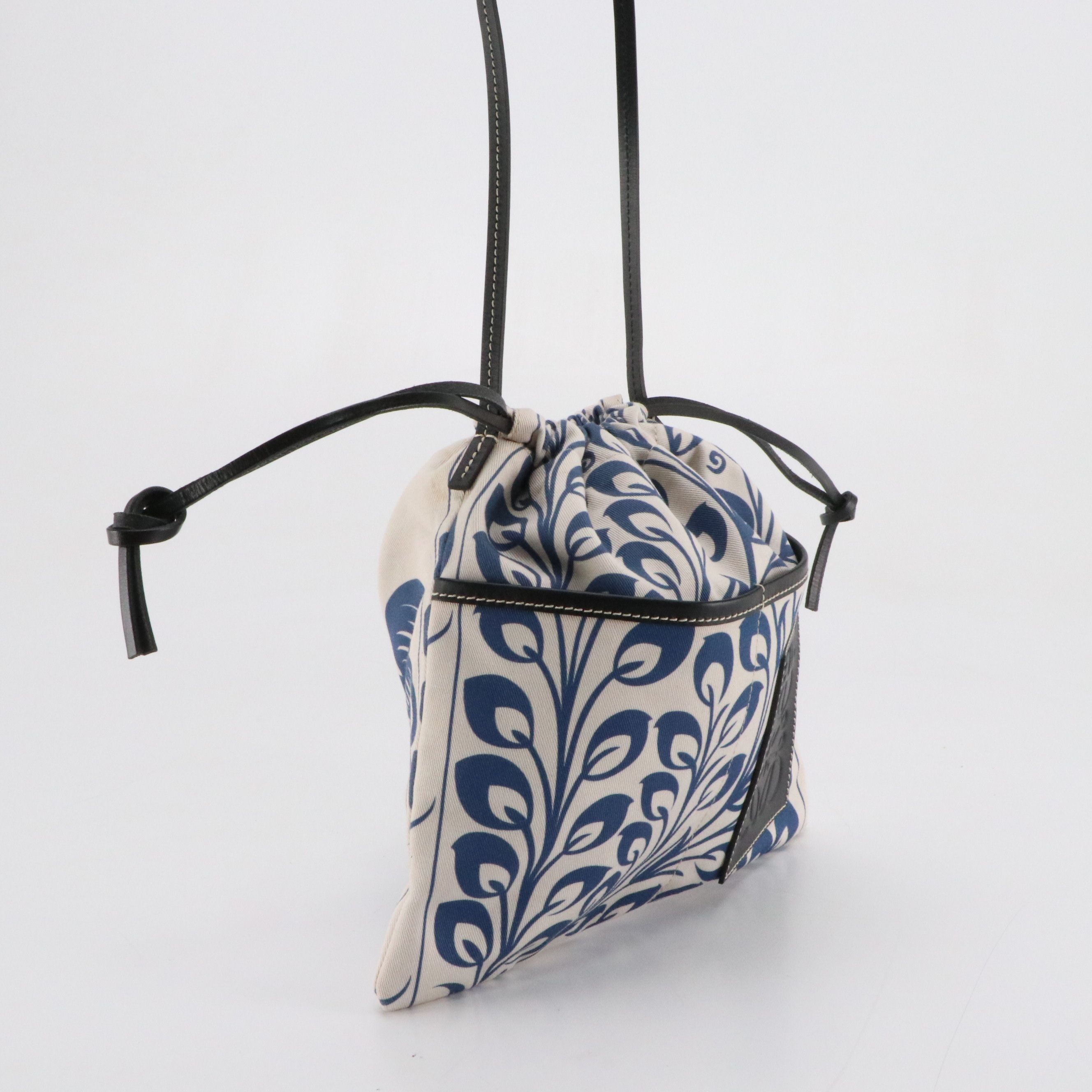 Loewe Drawstring Crossbody Bag in Printed Canvas Twill and Black Leather Trim