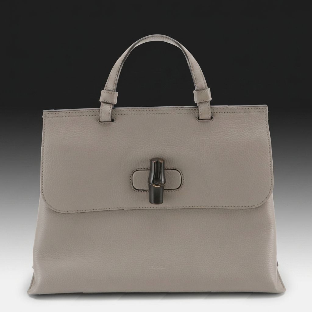 Gucci Bamboo Turn Lock Medium Daily Two-Way Satchel in Grey Grained Calfskin