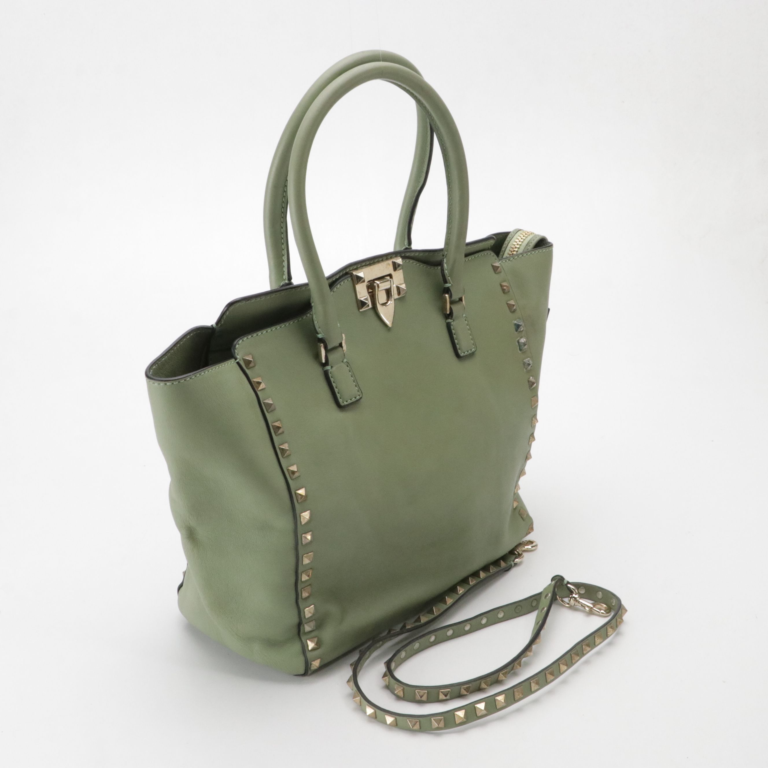 Valentino Garavani Rockstud Two-Way Tote Bag in Sage Green Calfskin Leather