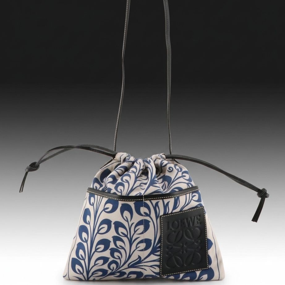 Loewe Drawstring Crossbody Bag in Printed Canvas Twill and Black Leather Trim