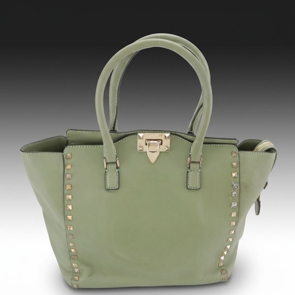 Valentino Garavani Rockstud Two-Way Tote Bag in Sage Green Calfskin Leather