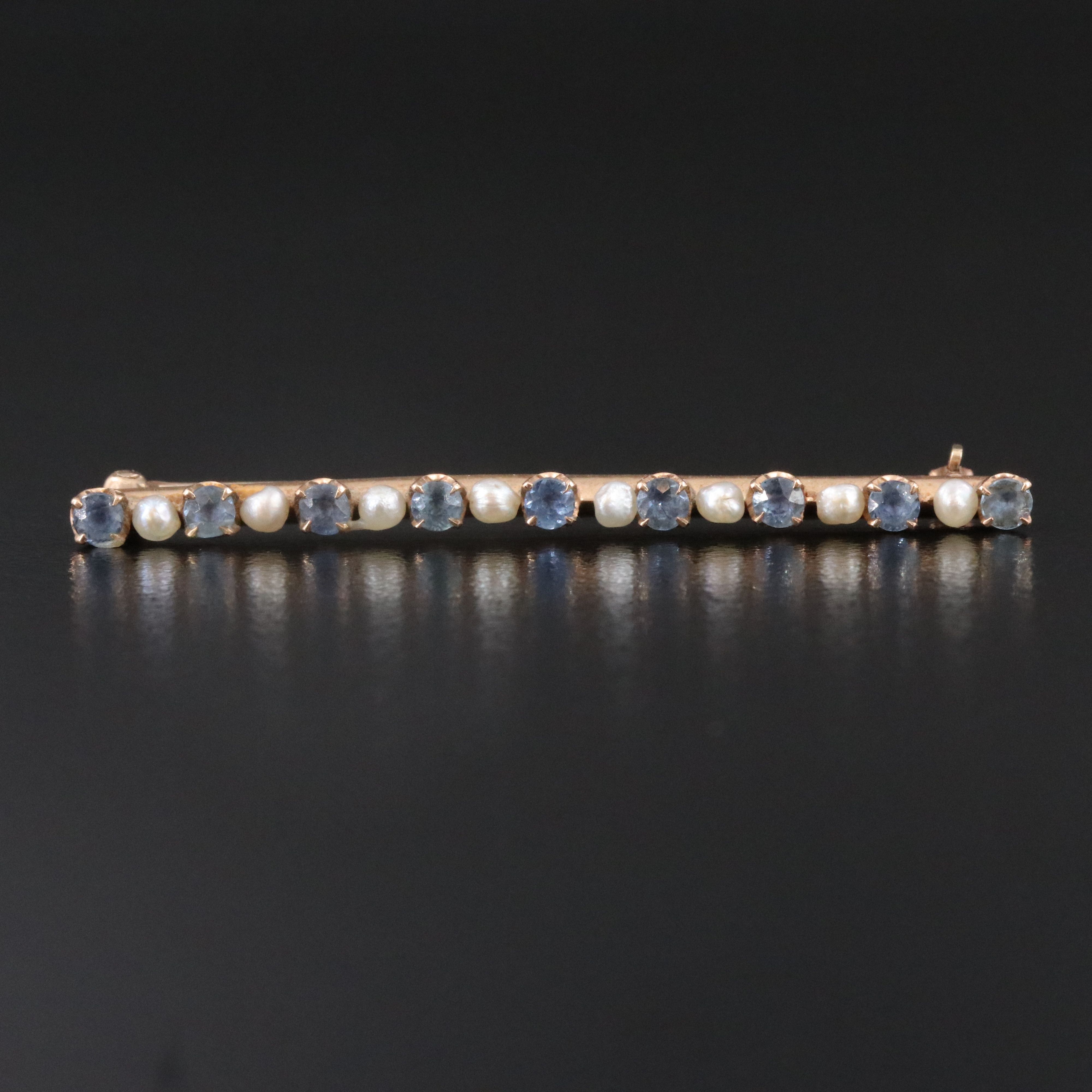 Antique 10K Sapphire and Seed Pearl Bar Brooch