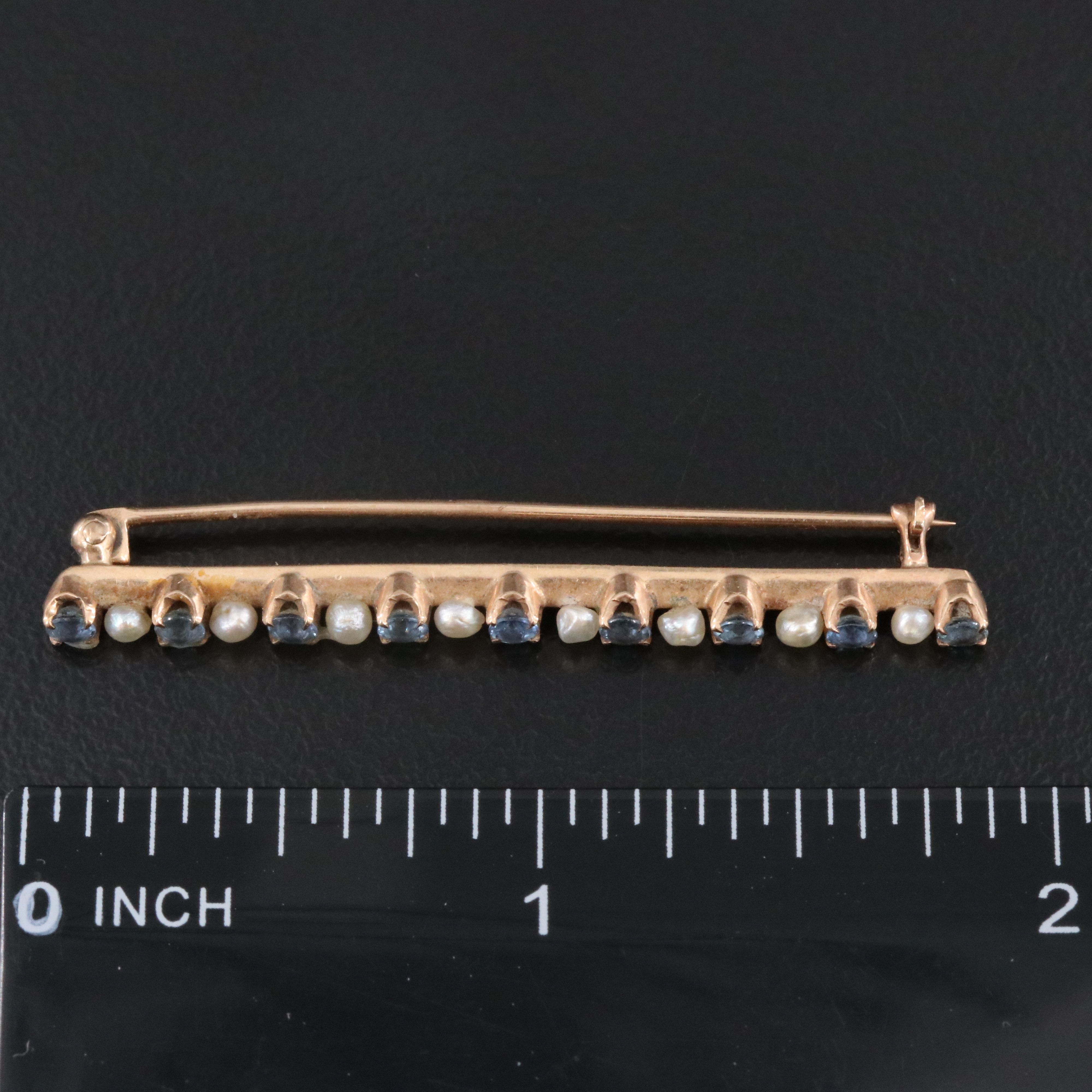 Antique 10K Sapphire and Seed Pearl Bar Brooch