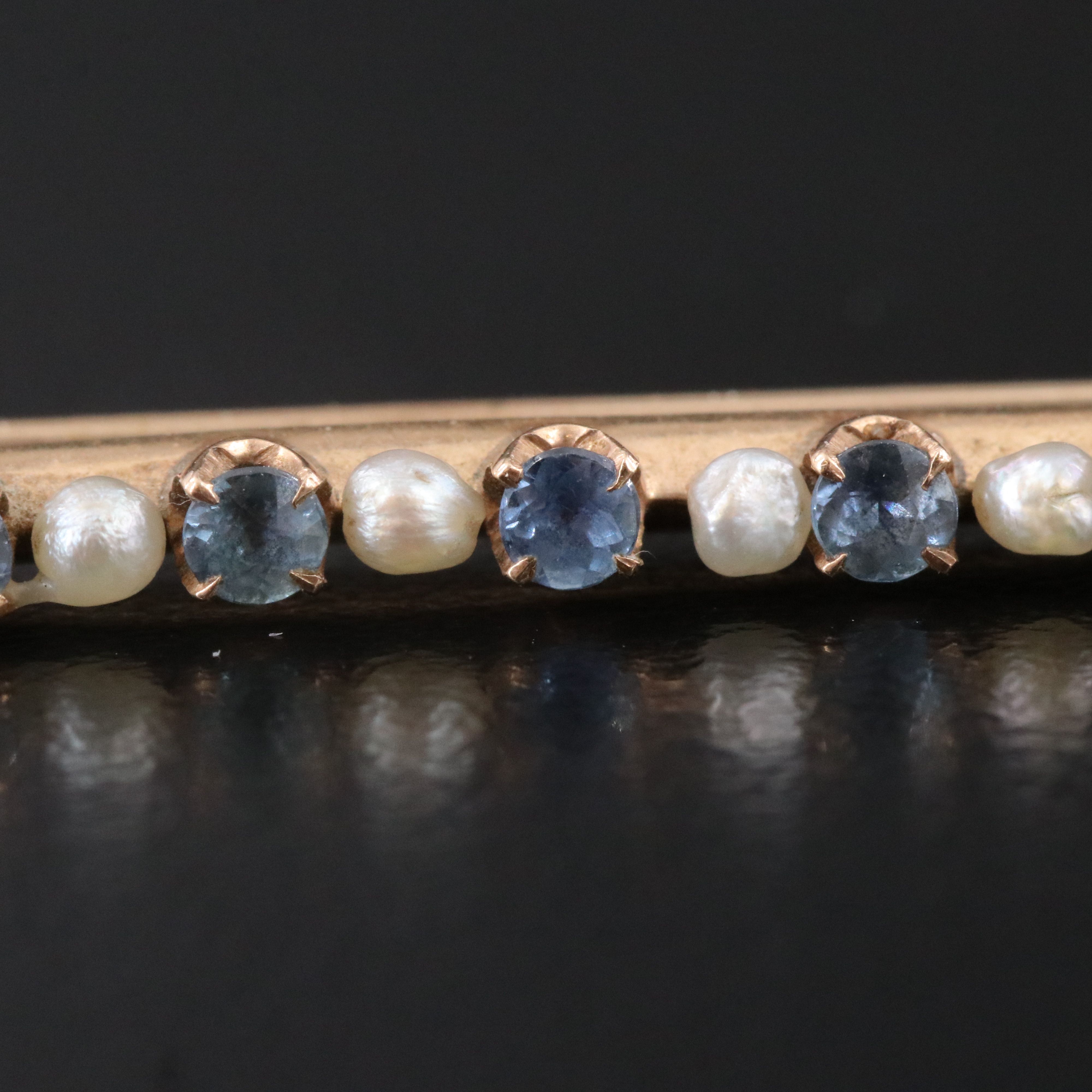 Antique 10K Sapphire and Seed Pearl Bar Brooch