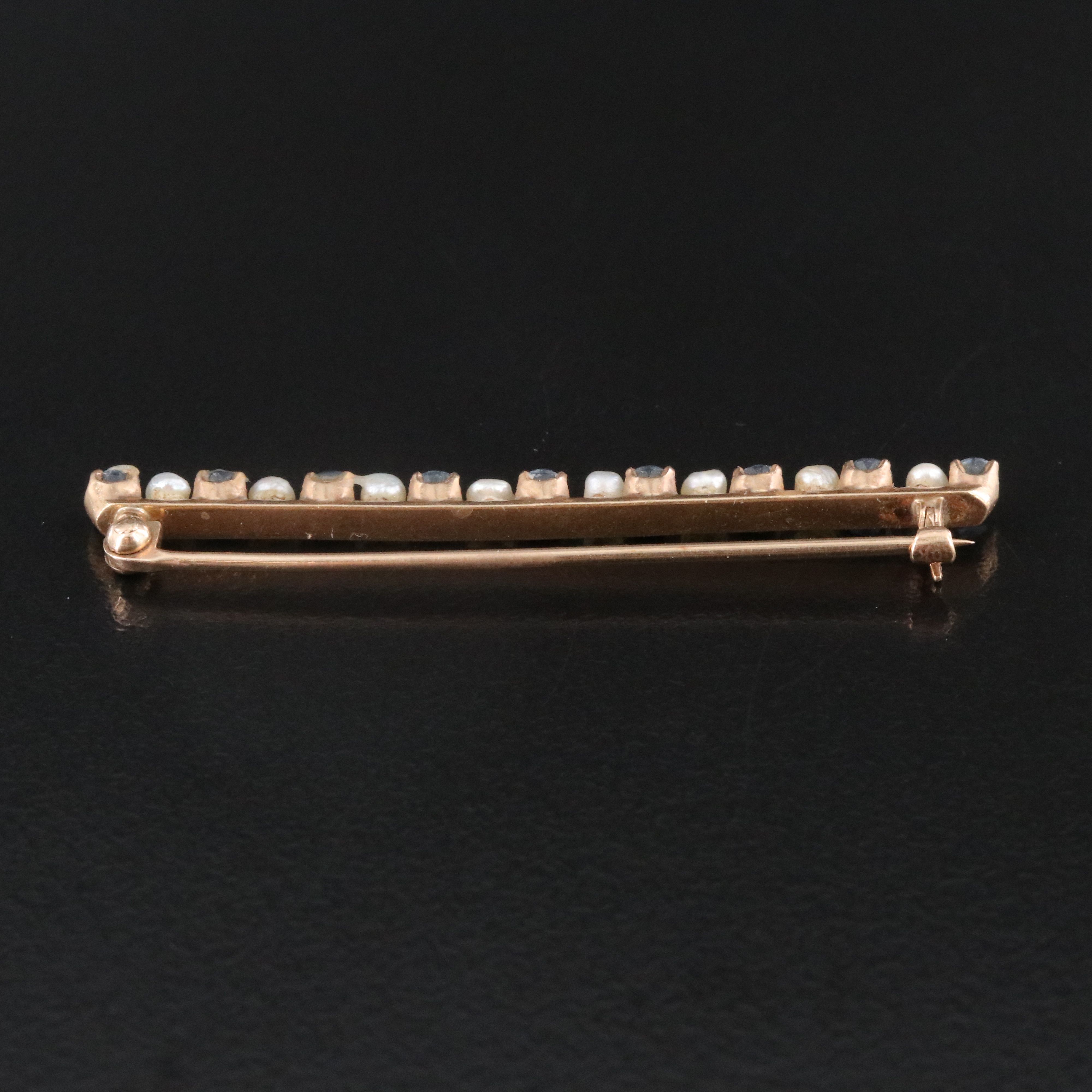 Antique 10K Sapphire and Seed Pearl Bar Brooch