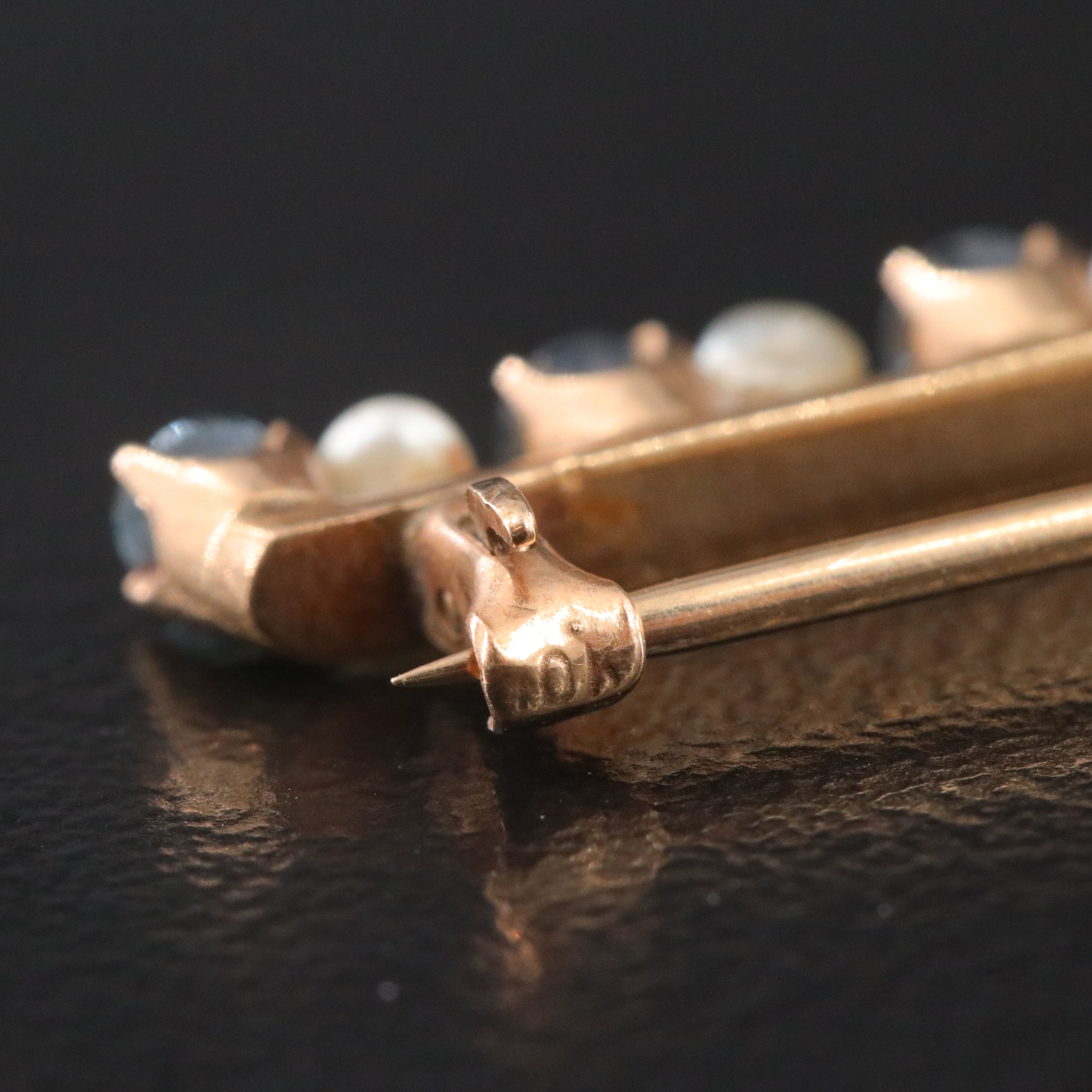 Antique 10K Sapphire and Seed Pearl Bar Brooch