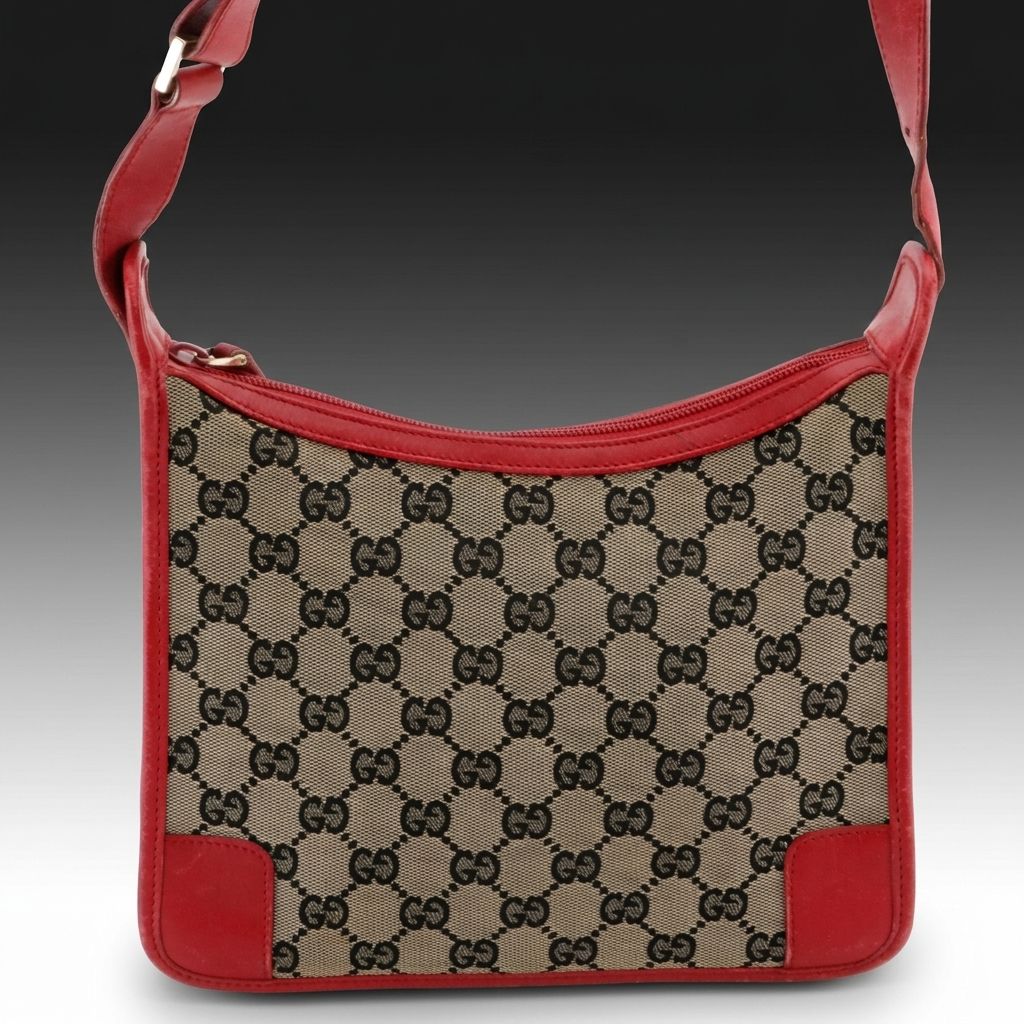 Gucci Small Shoulder Bag in Navy Blue GG Canvas and Red Leather