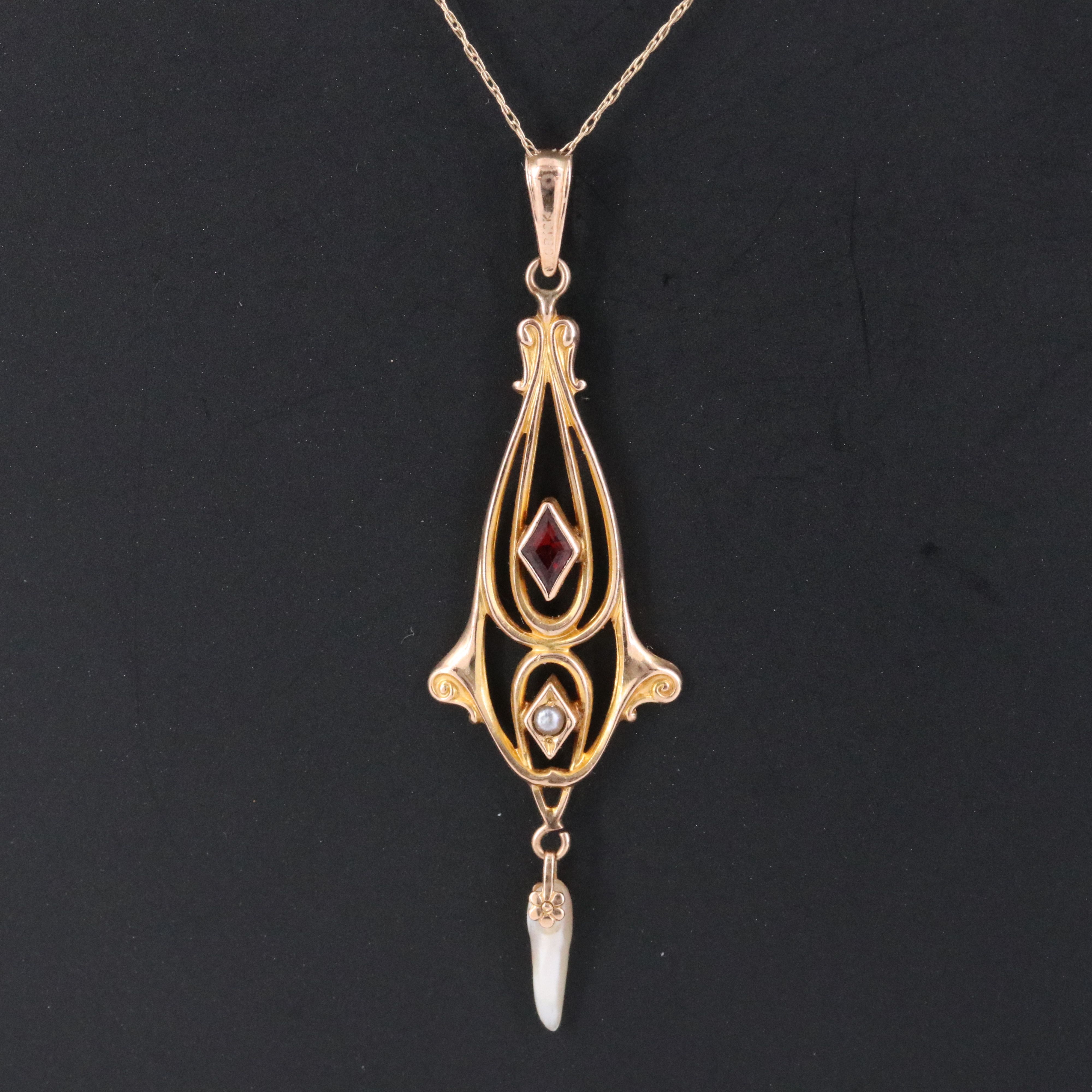 Art Nouveau 10K Garnet and Seed Pearl Kite Shaped Pendant with 14K Chain