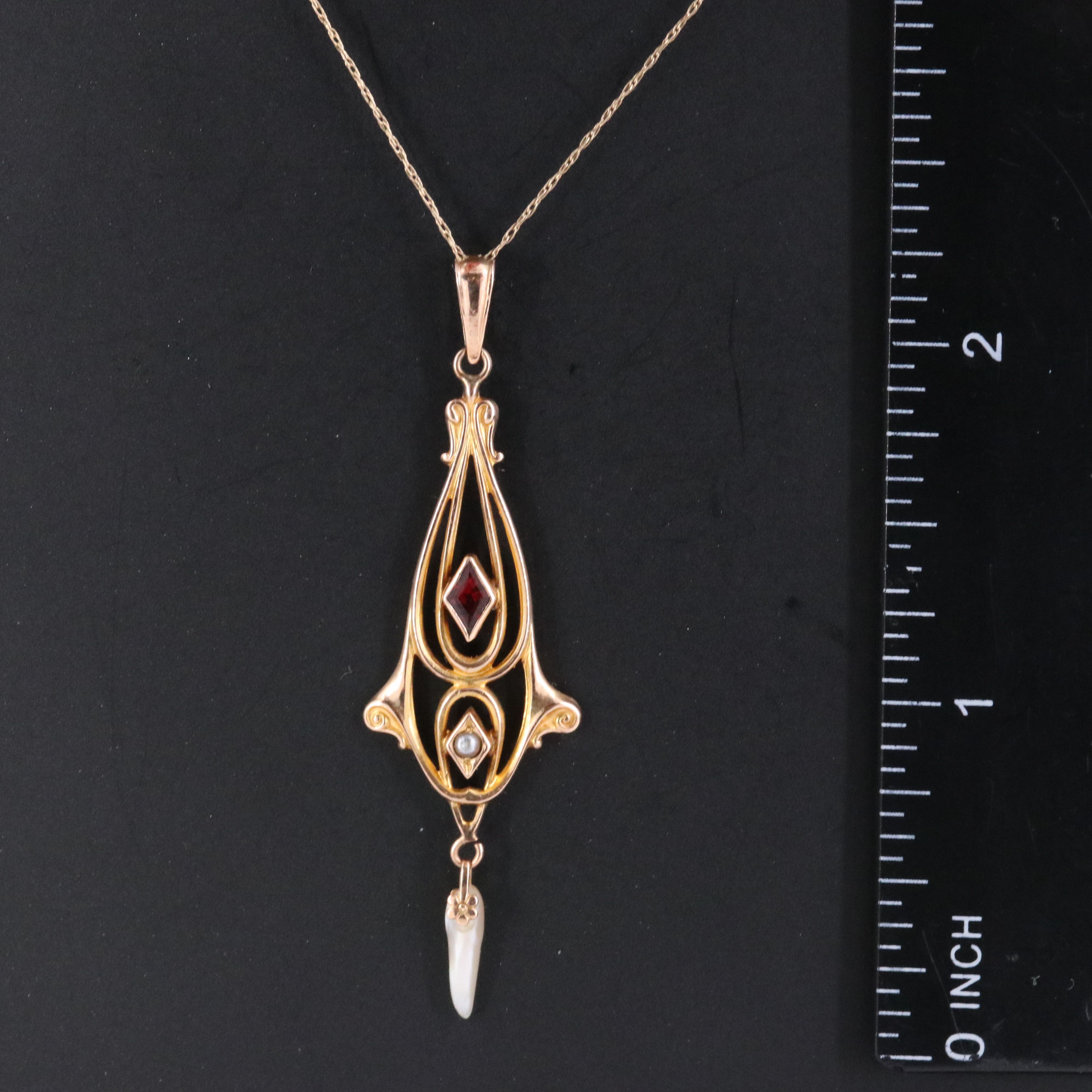 Art Nouveau 10K Garnet and Seed Pearl Kite Shaped Pendant with 14K Chain