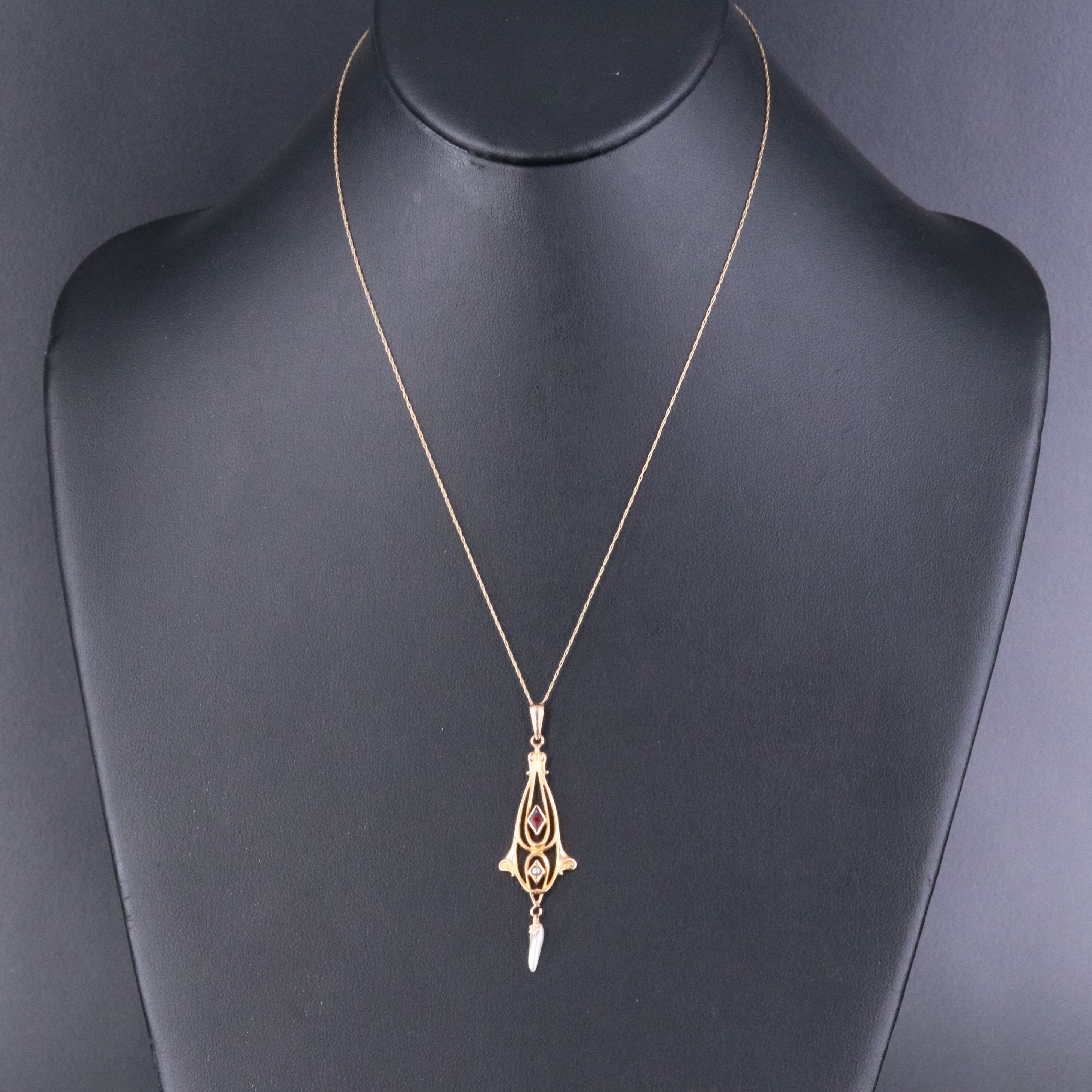 Art Nouveau 10K Garnet and Seed Pearl Kite Shaped Pendant with 14K Chain