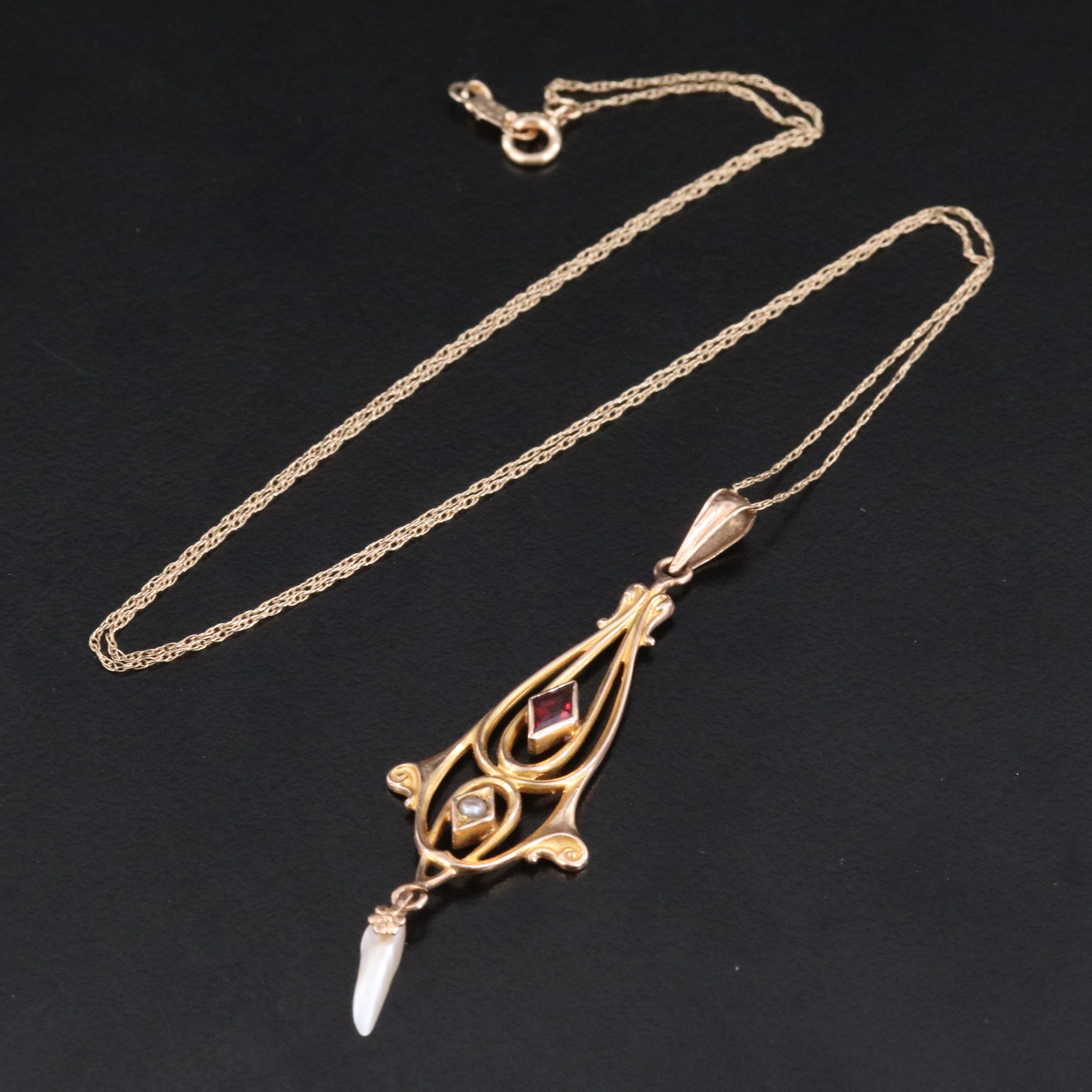 Art Nouveau 10K Garnet and Seed Pearl Kite Shaped Pendant with 14K Chain