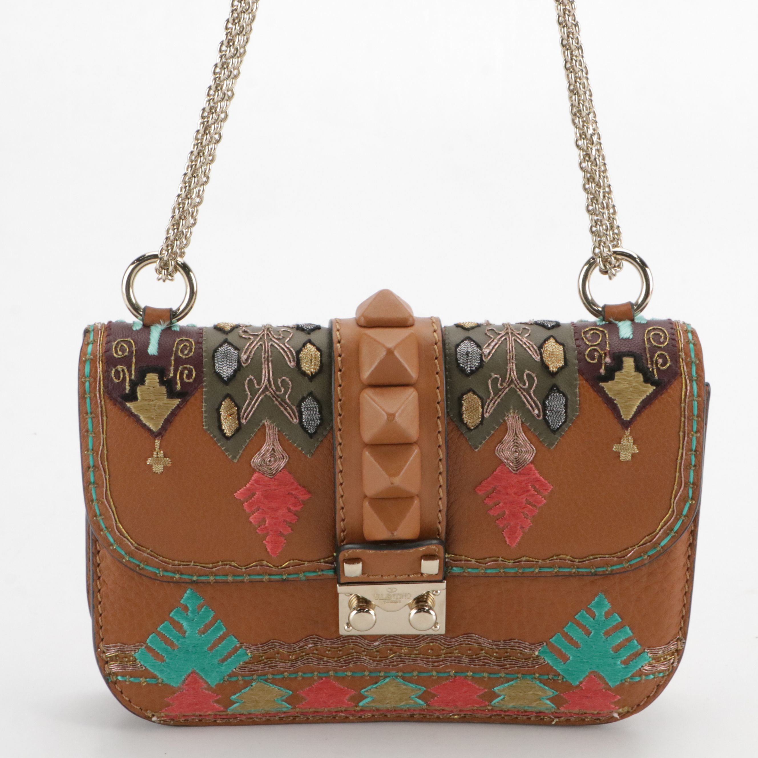 Valentino Garavani Glam Lock Flap Bag in Embroidered Leather with Pyramid Studs