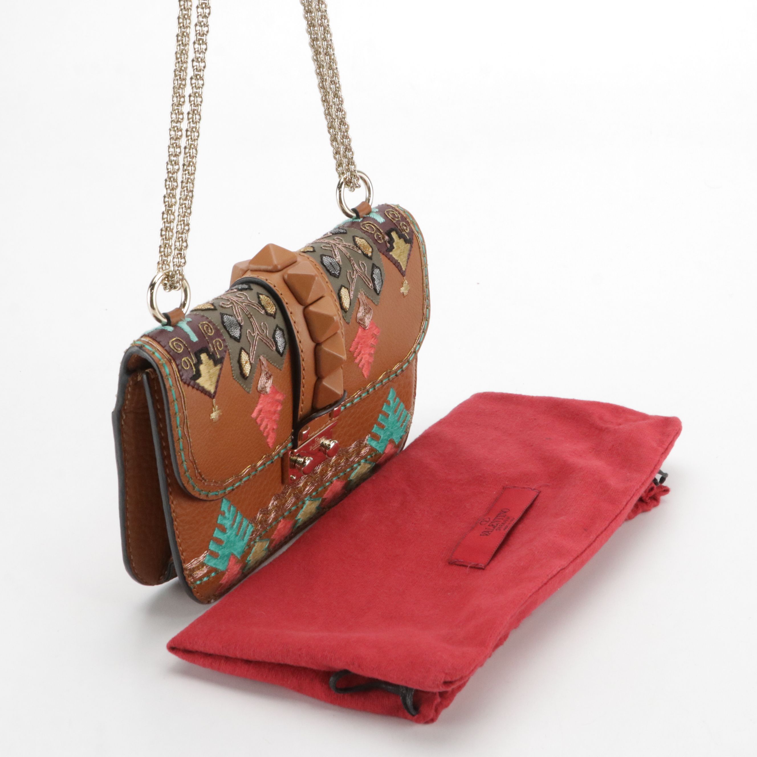 Valentino Garavani Glam Lock Flap Bag in Embroidered Leather with Pyramid Studs