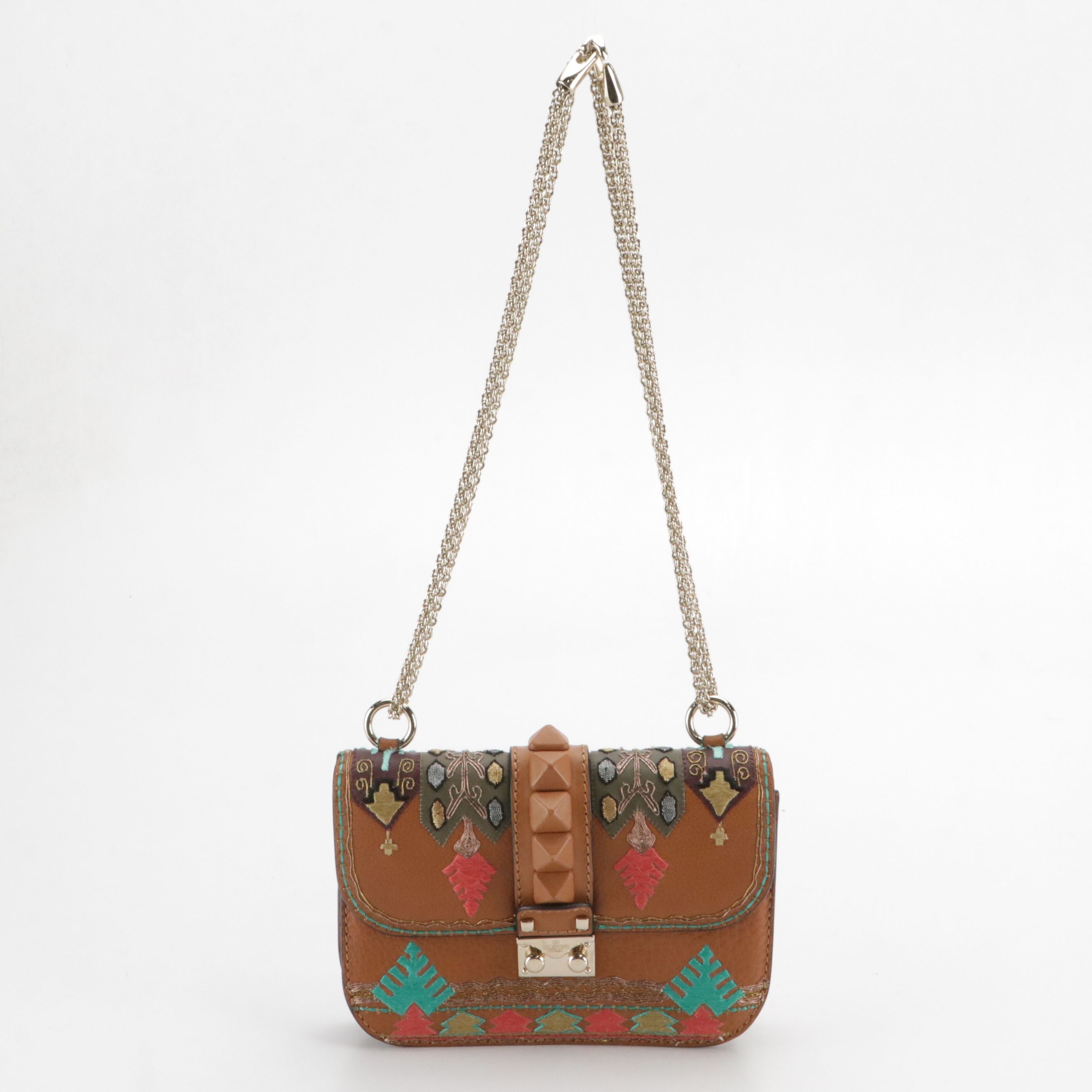Valentino Garavani Glam Lock Flap Bag in Embroidered Leather with Pyramid Studs