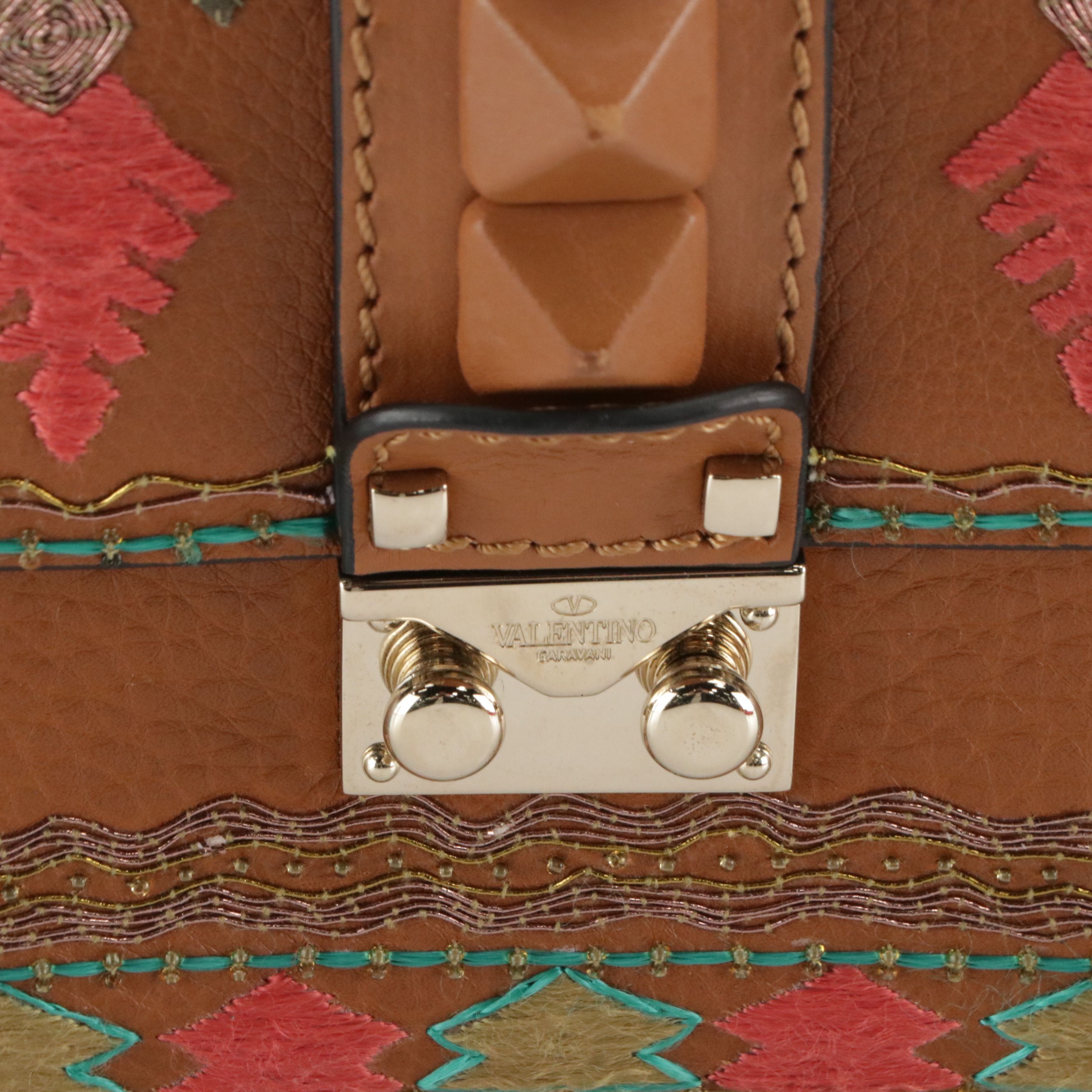 Valentino Garavani Glam Lock Flap Bag in Embroidered Leather with Pyramid Studs