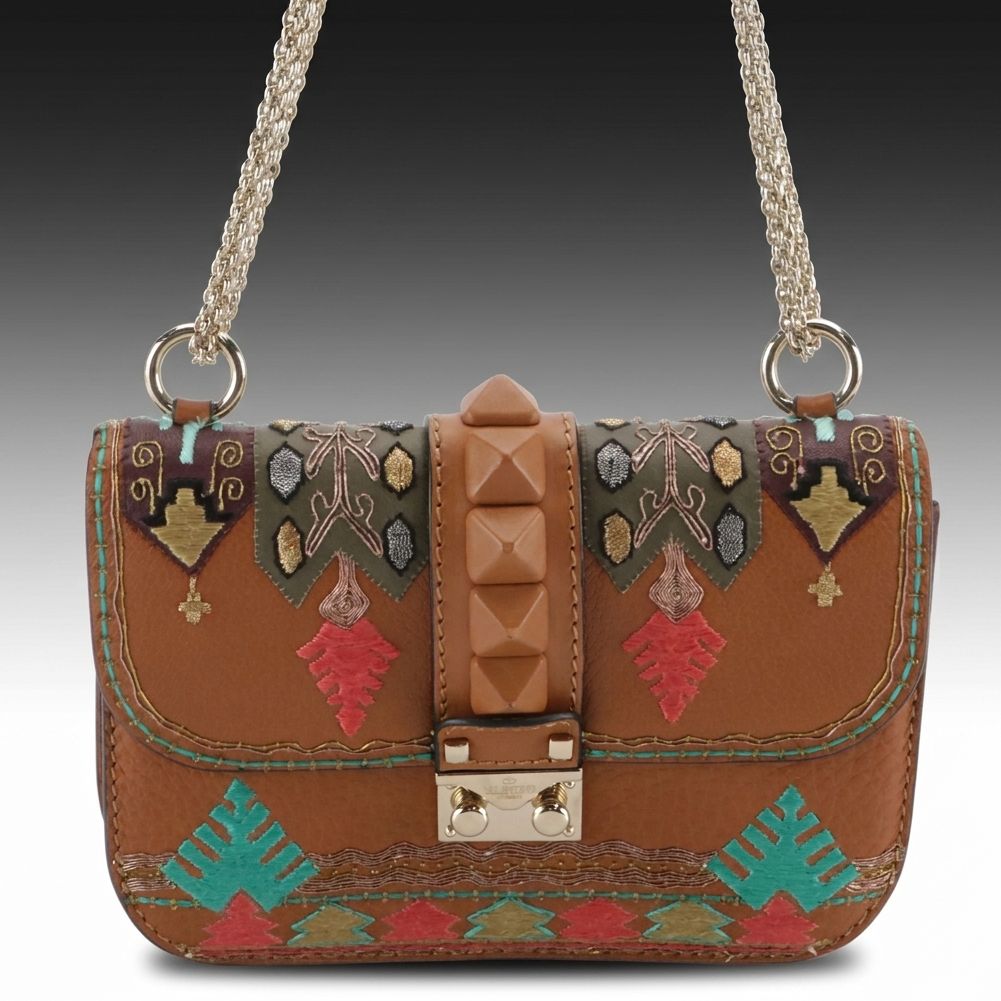 Valentino Garavani Glam Lock Flap Bag in Embroidered Leather with Pyramid Studs