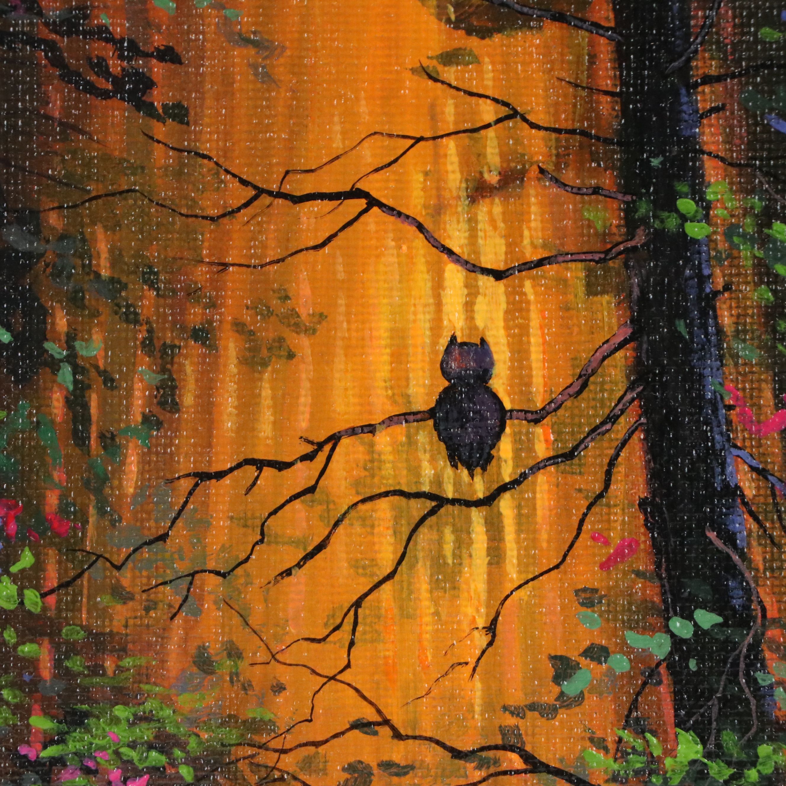 Douglas "Bumo" Johnpeer Acrylic Painting of Owl in Sunset Forest, Circa 2026