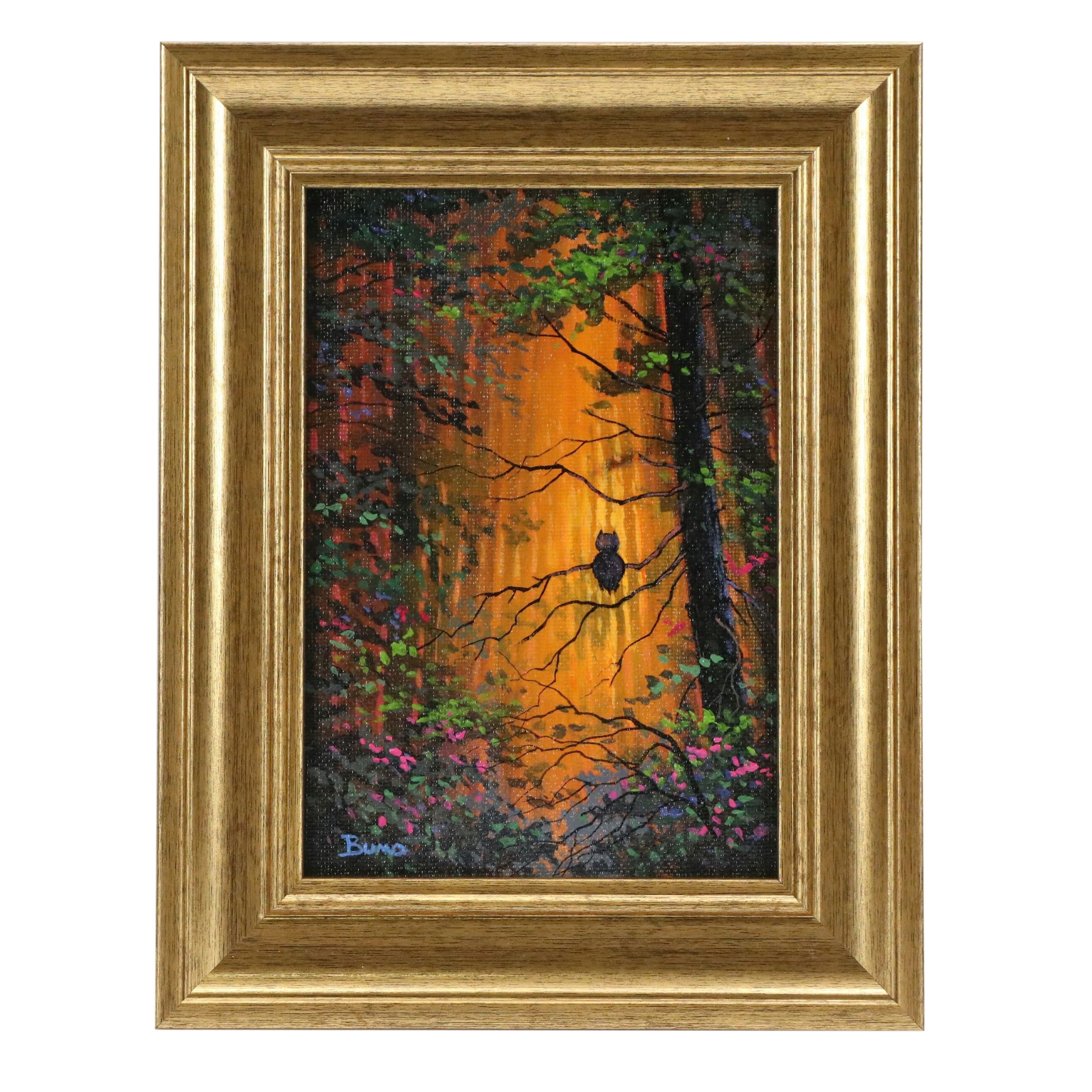 Douglas "Bumo" Johnpeer Acrylic Painting of Owl in Sunset Forest, Circa 2026
