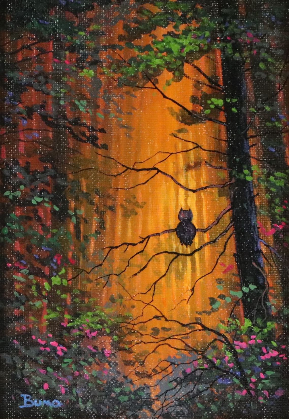 Douglas "Bumo" Johnpeer Acrylic Painting of Owl in Sunset Forest, Circa 2026