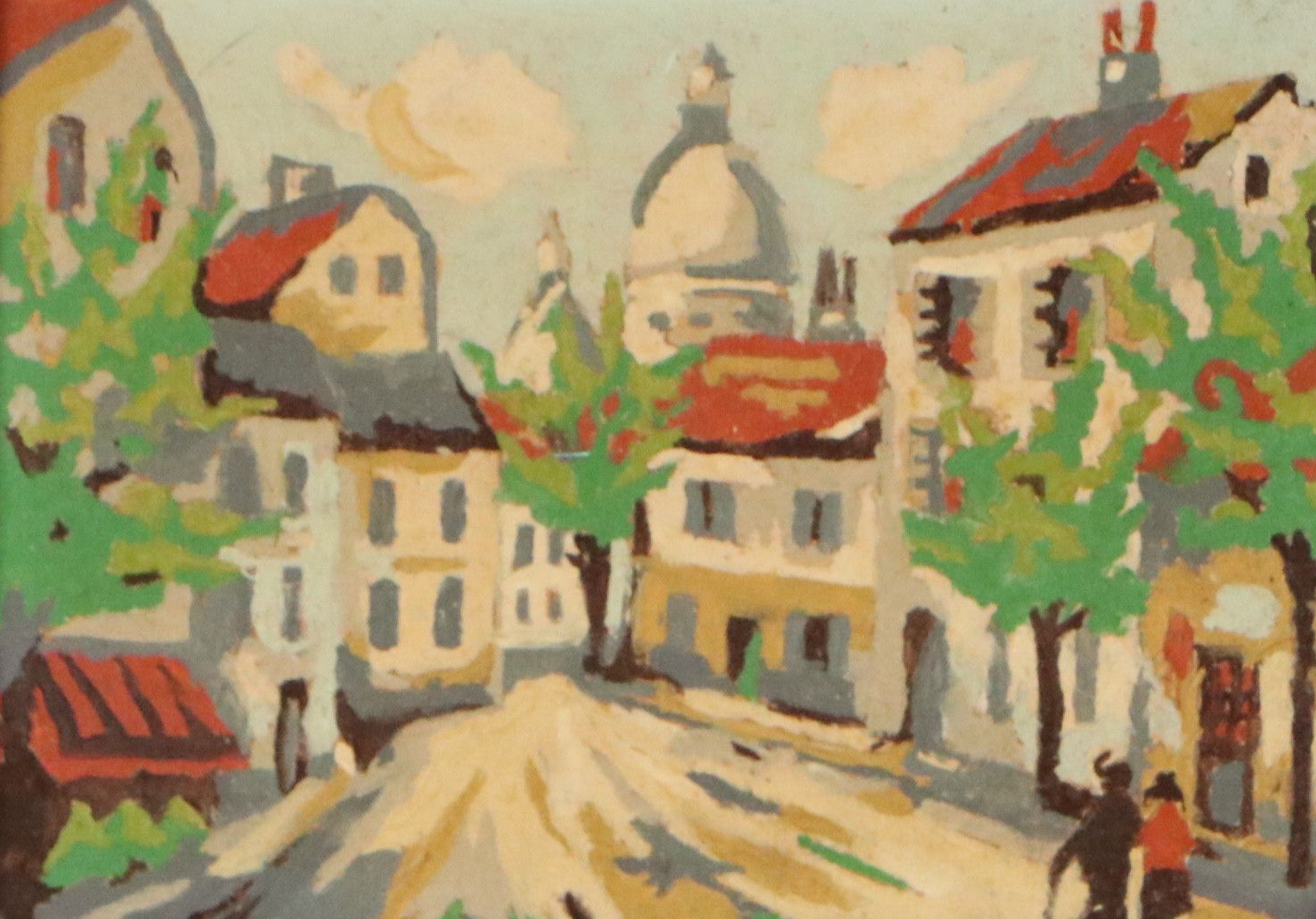 Stylized Acrylic Painting of Street Scene, Mid to Late 20th Century