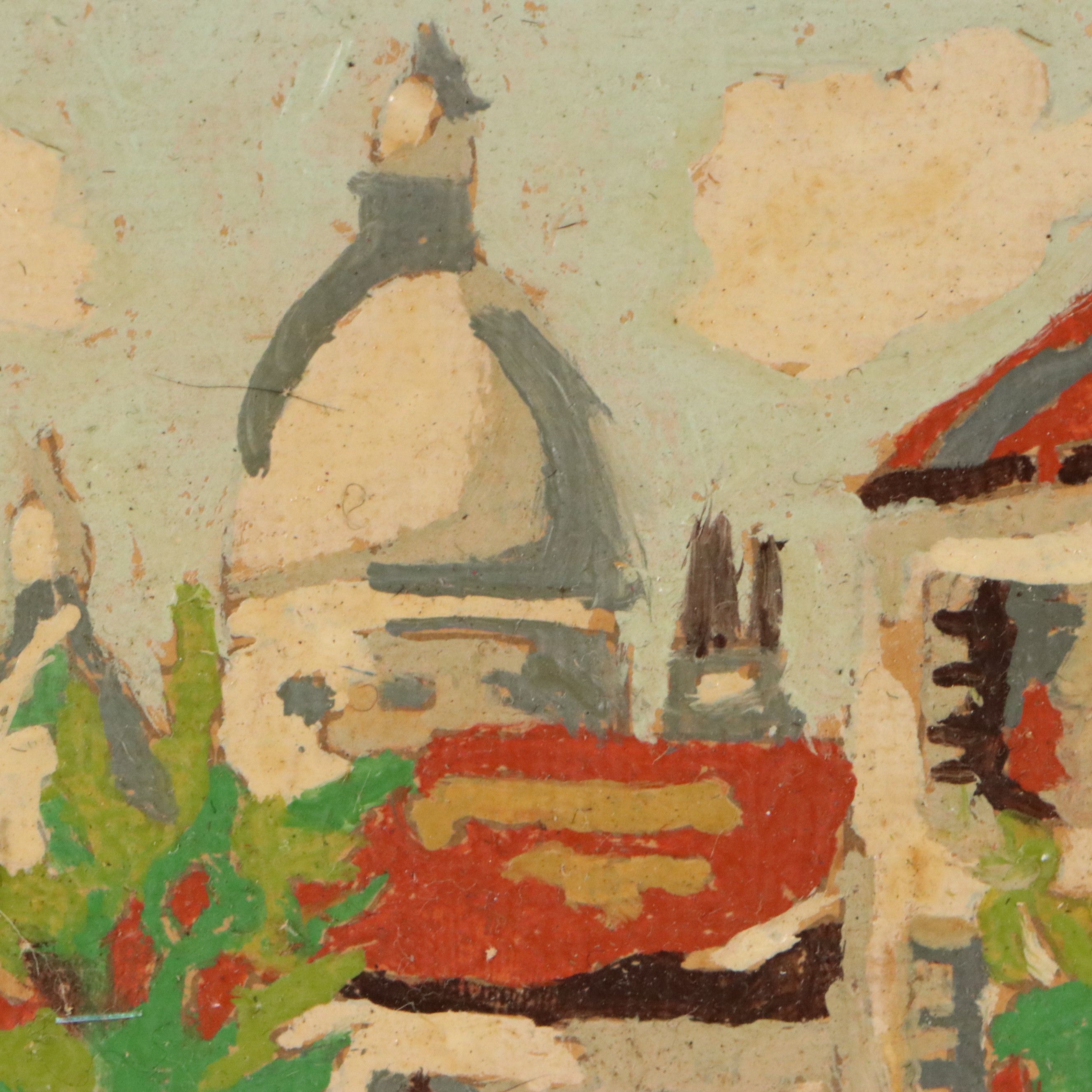 Stylized Acrylic Painting of Street Scene, Mid to Late 20th Century