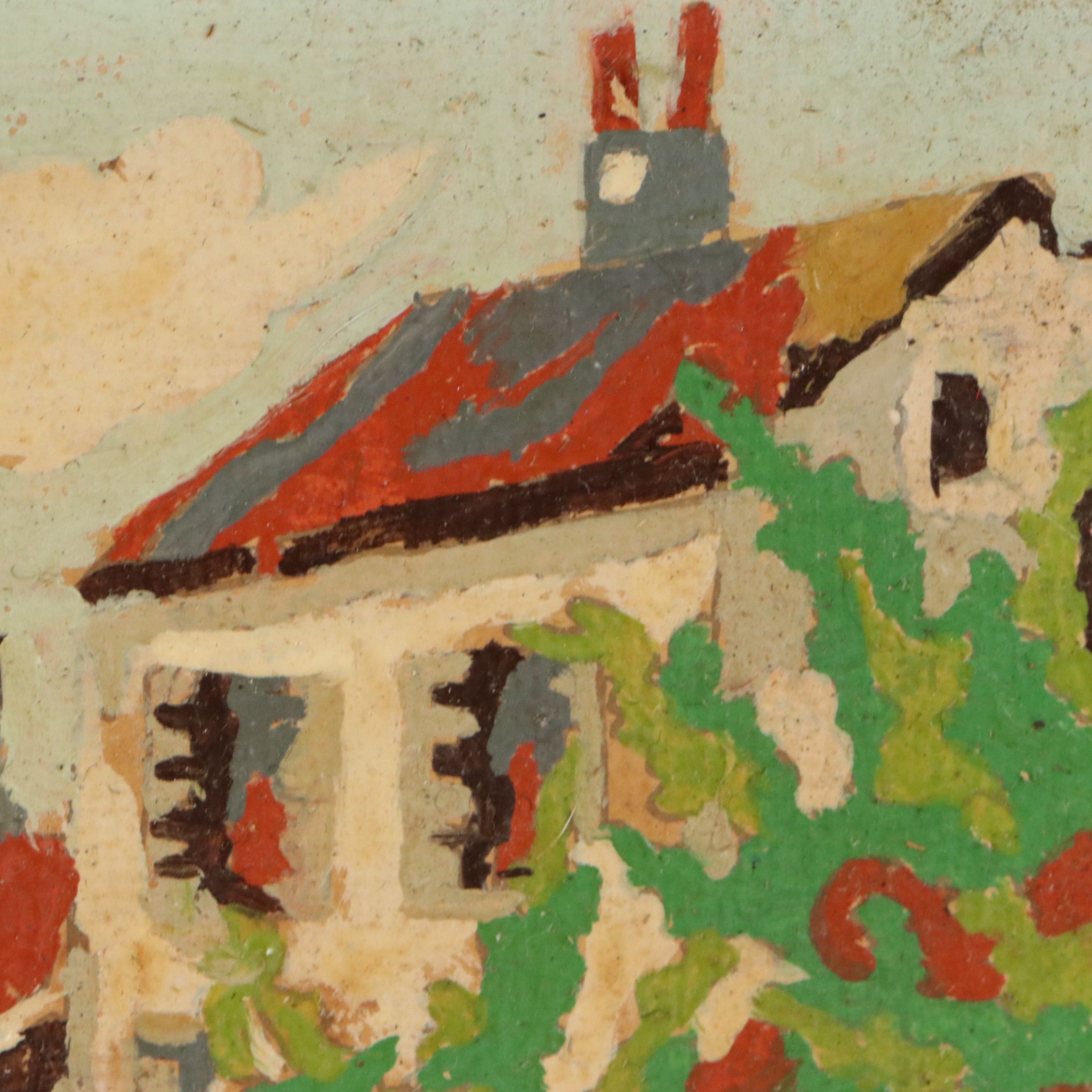 Stylized Acrylic Painting of Street Scene, Mid to Late 20th Century