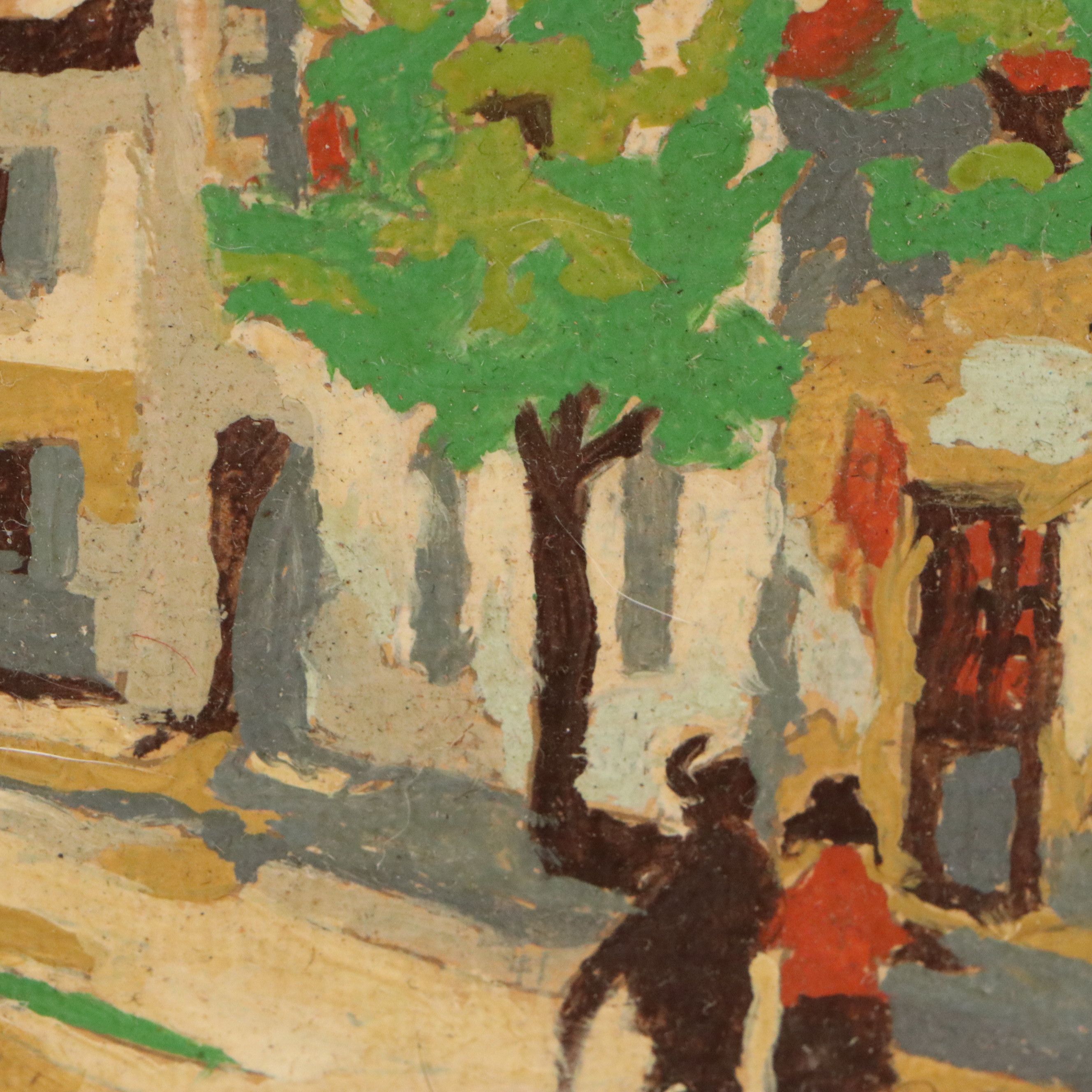 Stylized Acrylic Painting of Street Scene, Mid to Late 20th Century