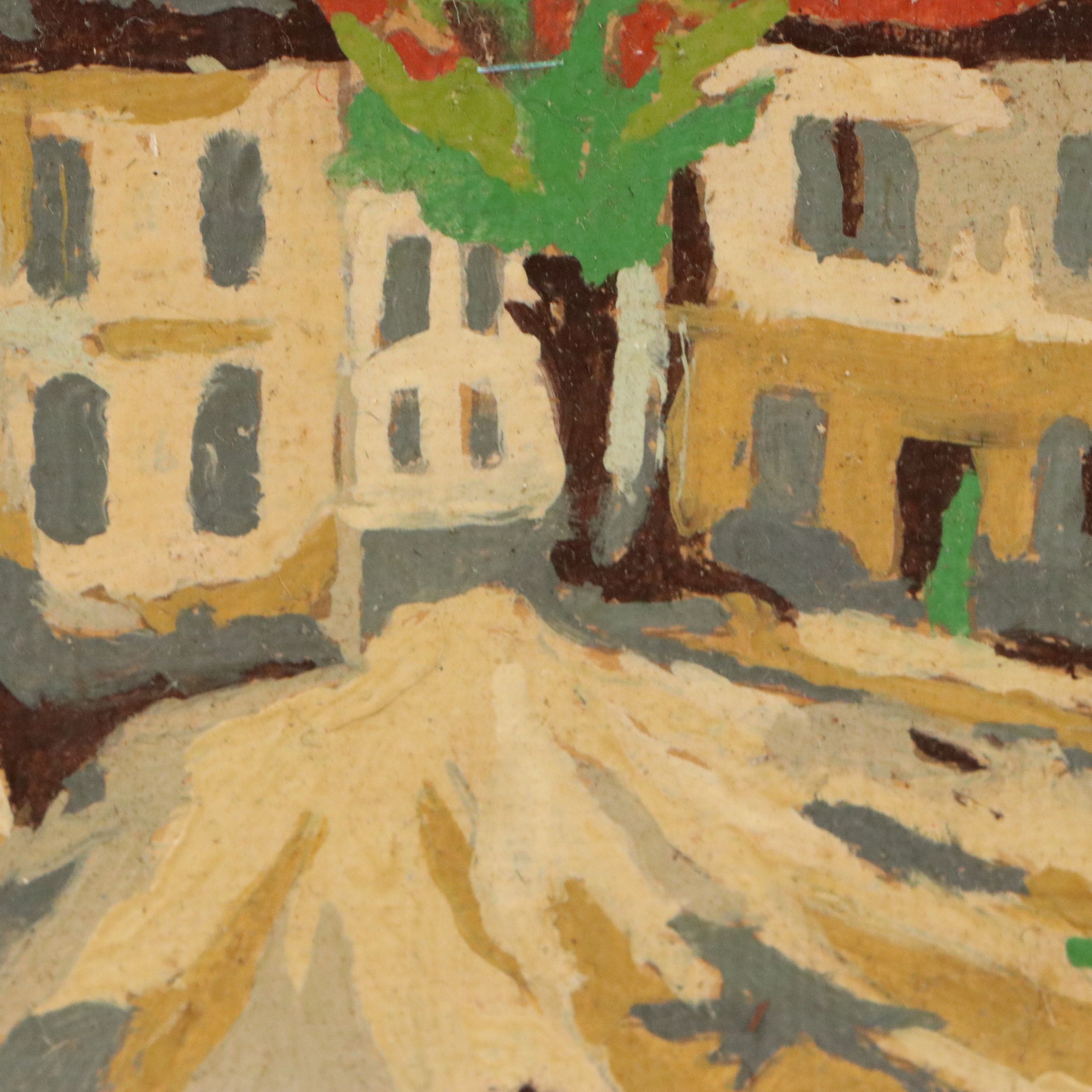 Stylized Acrylic Painting of Street Scene, Mid to Late 20th Century