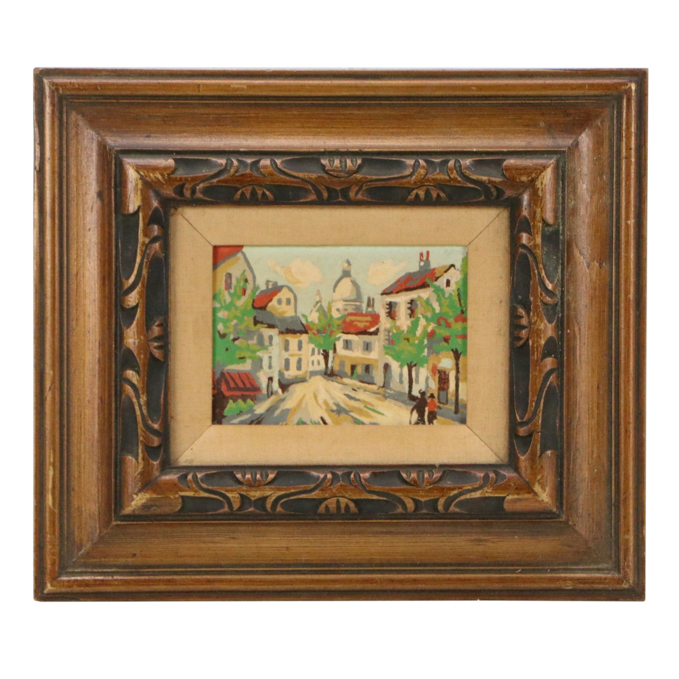 Stylized Acrylic Painting of Street Scene, Mid to Late 20th Century
