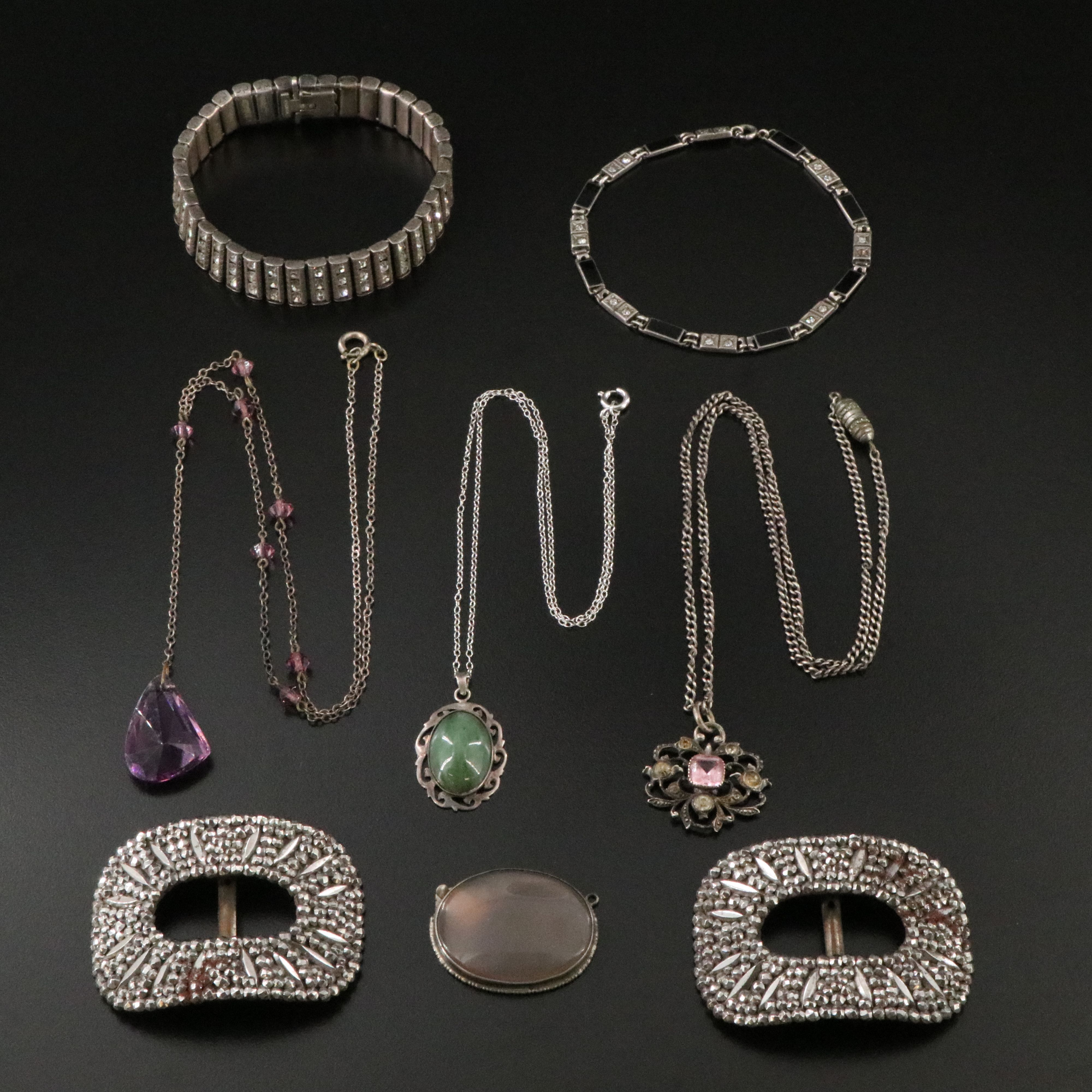 Art Deco Sterling Jewelry Collection Including Serpentine and Agate