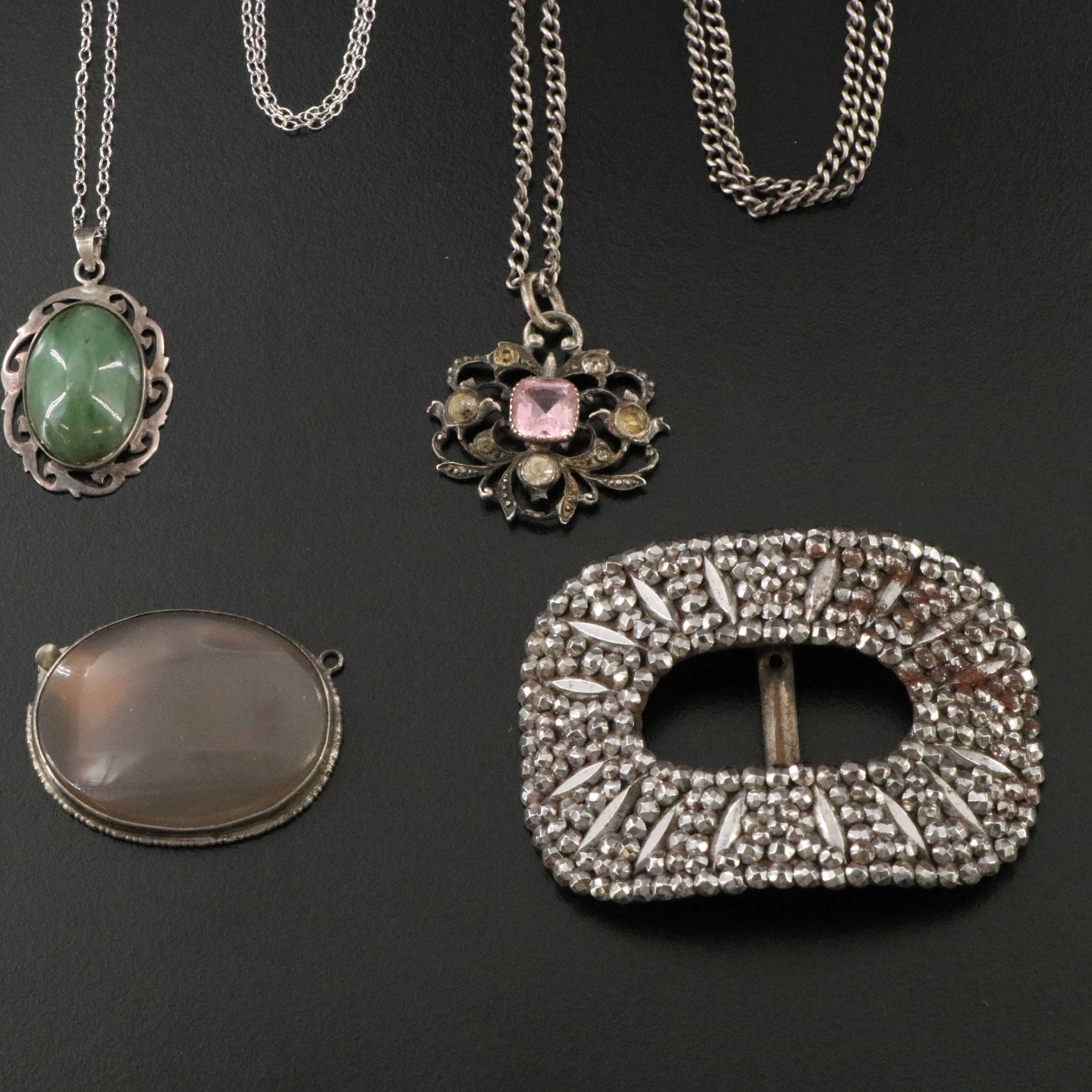 Art Deco Sterling Jewelry Collection Including Serpentine and Agate