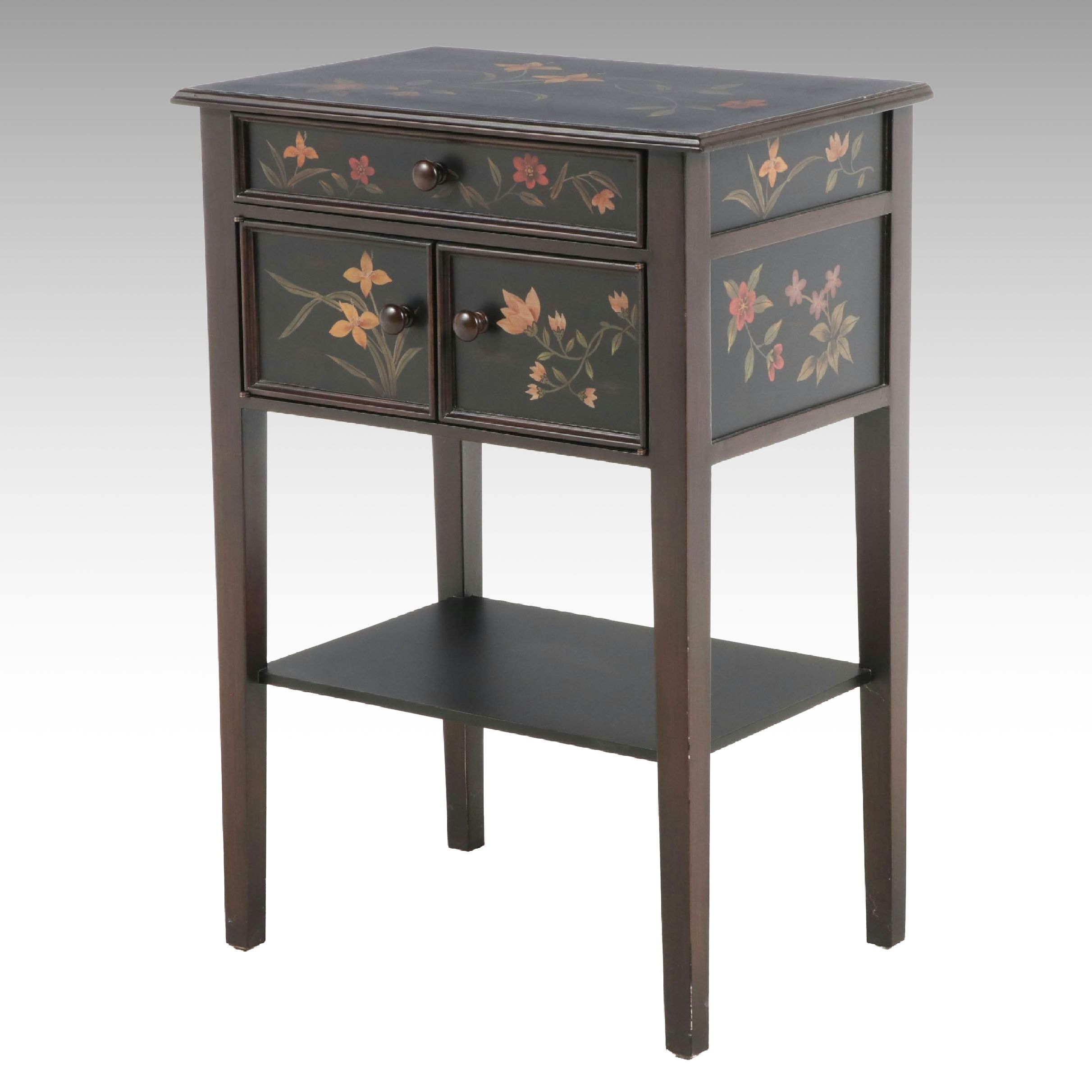 Chinoiserie Style Hand-Painted Lacquered Nightstand, Late 20th Century