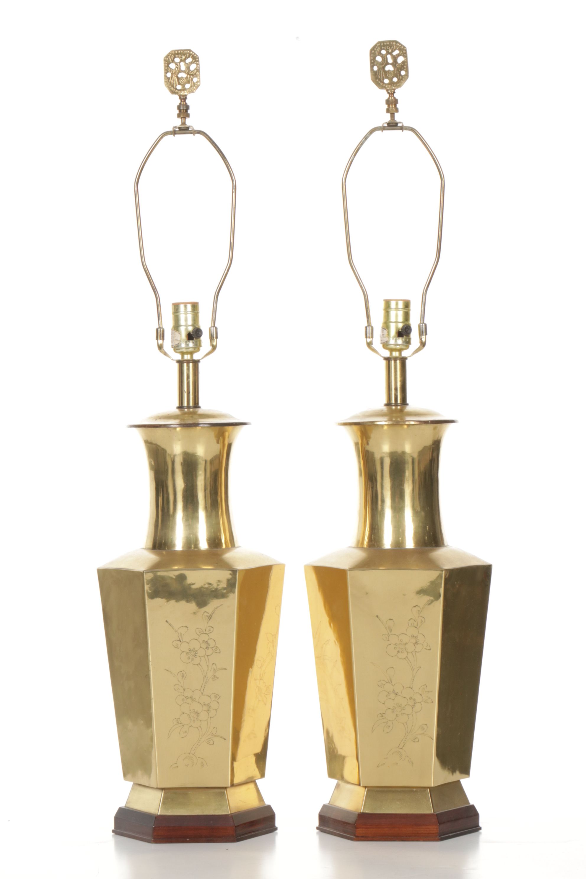Pair of LaBarge Hand-Etched Brass Canister Style Table Lamps